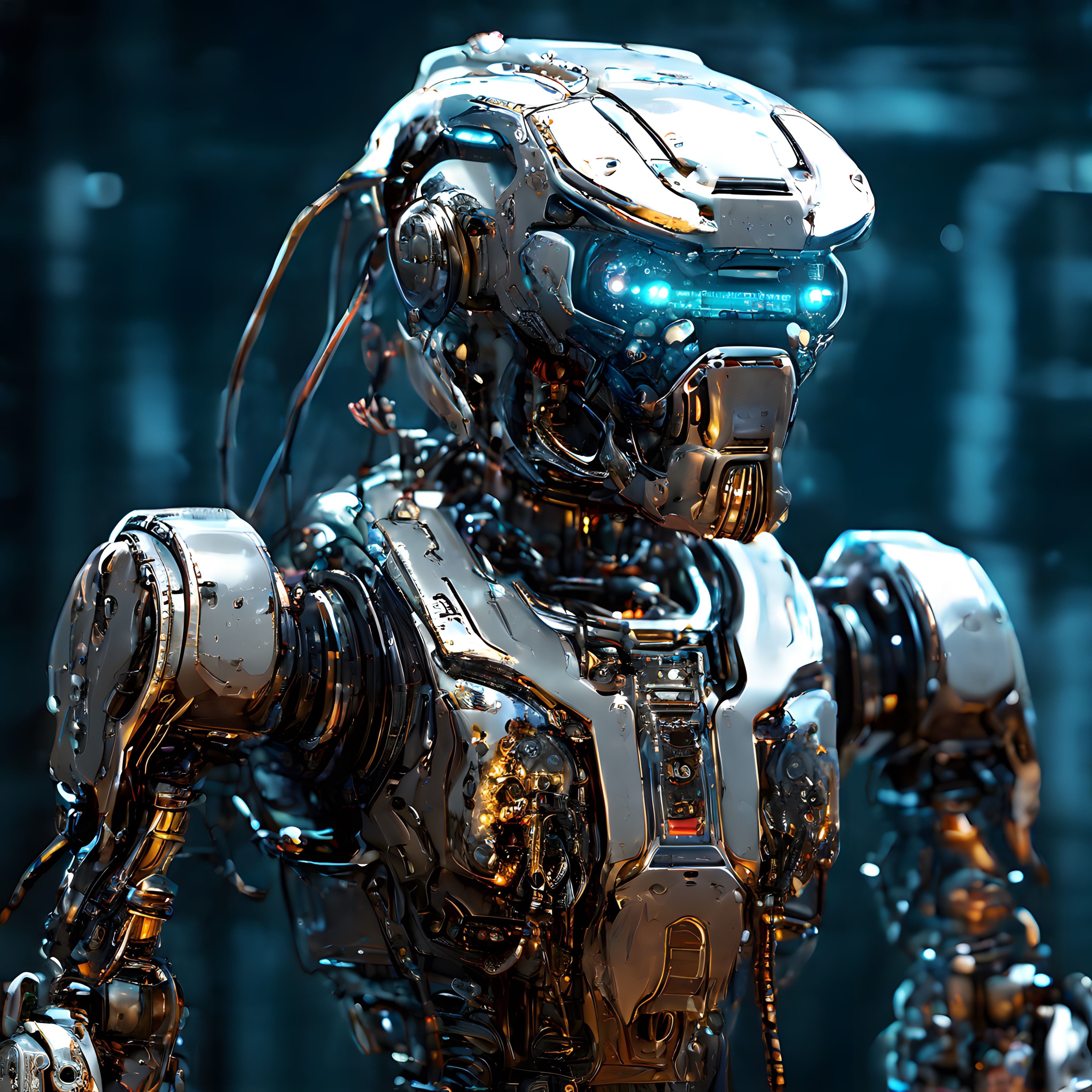 Mavi ışıklı gözleri ve krom gövdesiyle fütüristik bir robot figürü