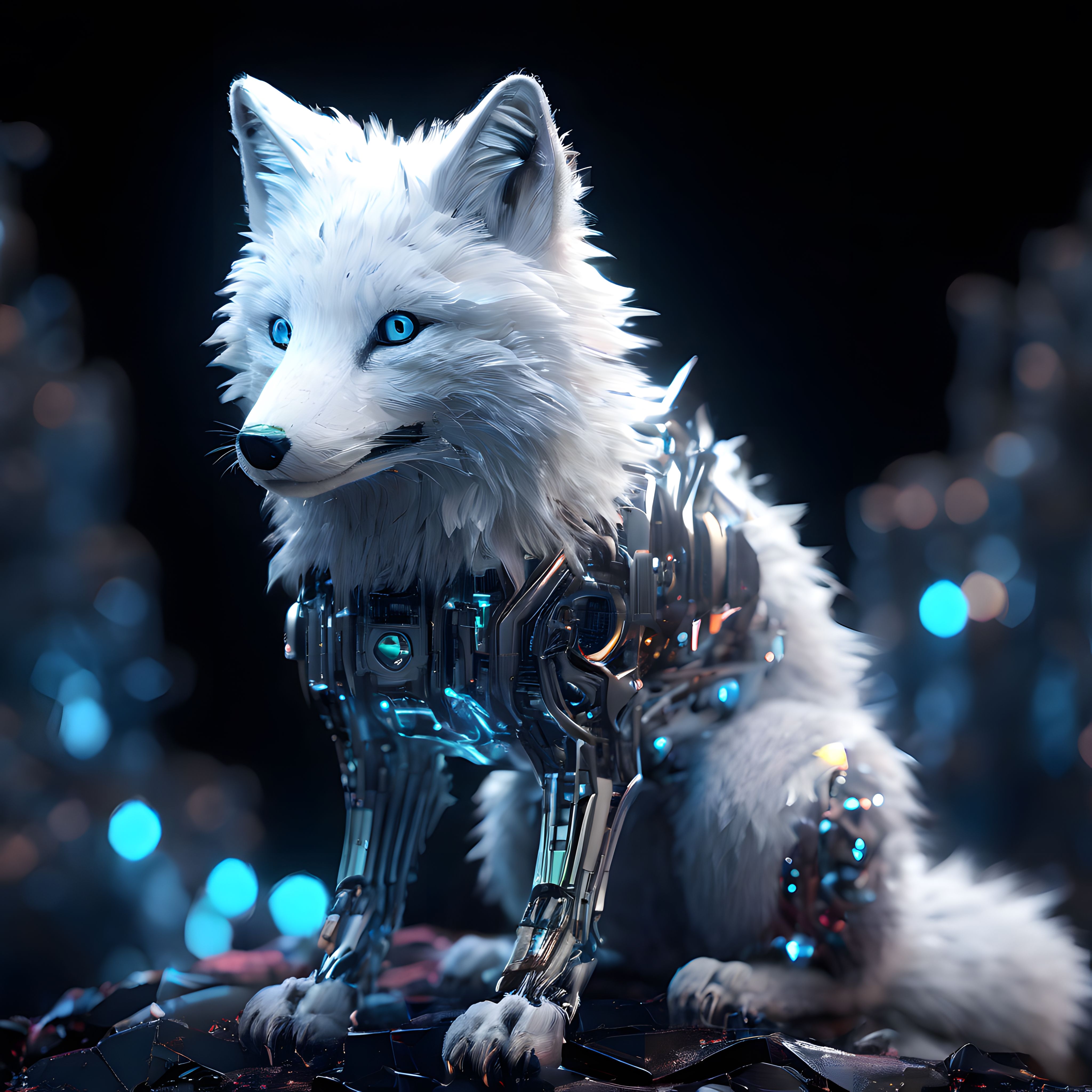 Mavi Işıklı Mekanik Beyaz Kurt: Cyberpunk ve Doğanın Gelecekteki Harmanı