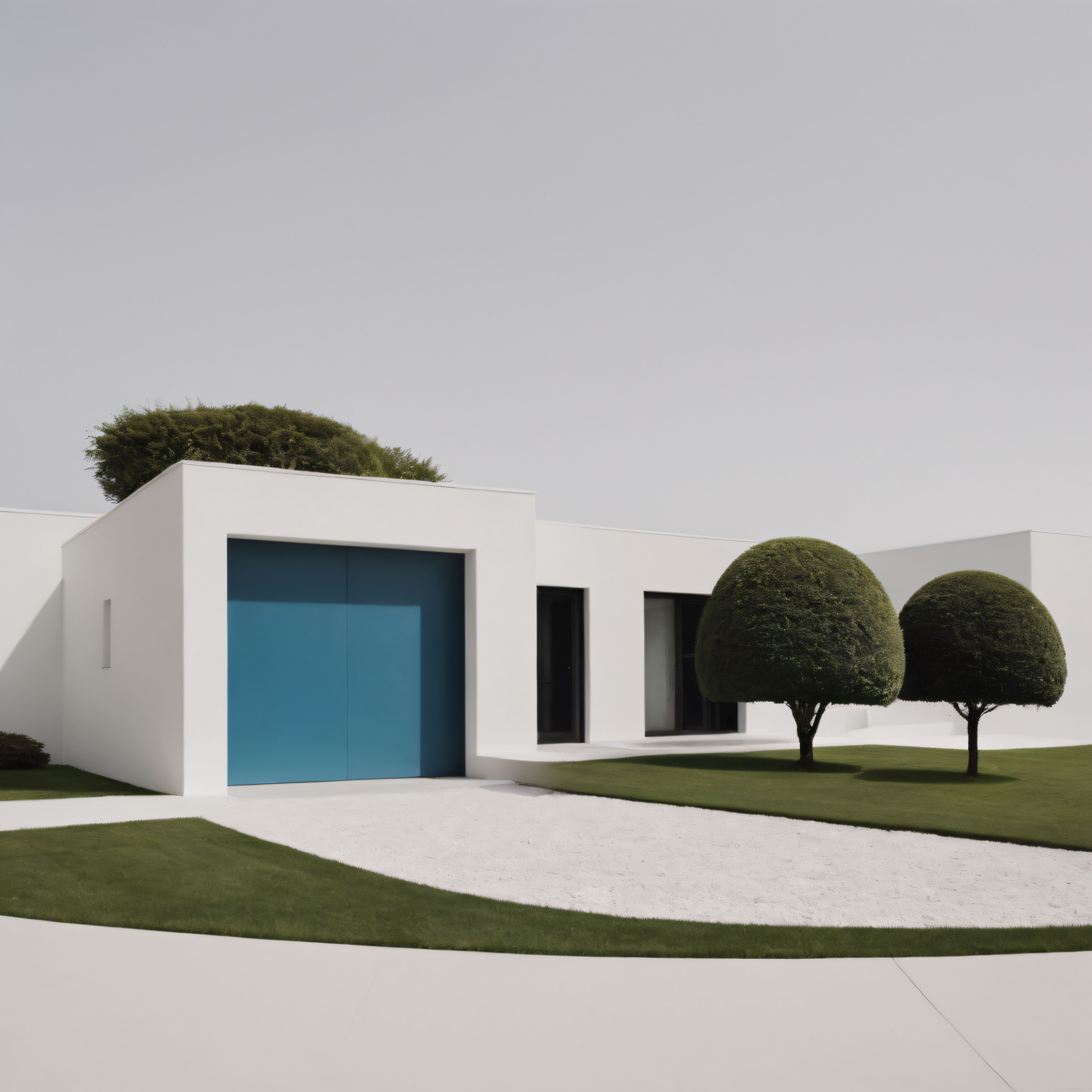 Mavi kapılı minimalist villa ve geometrik ağaçlarla modern mimari kompozisyon