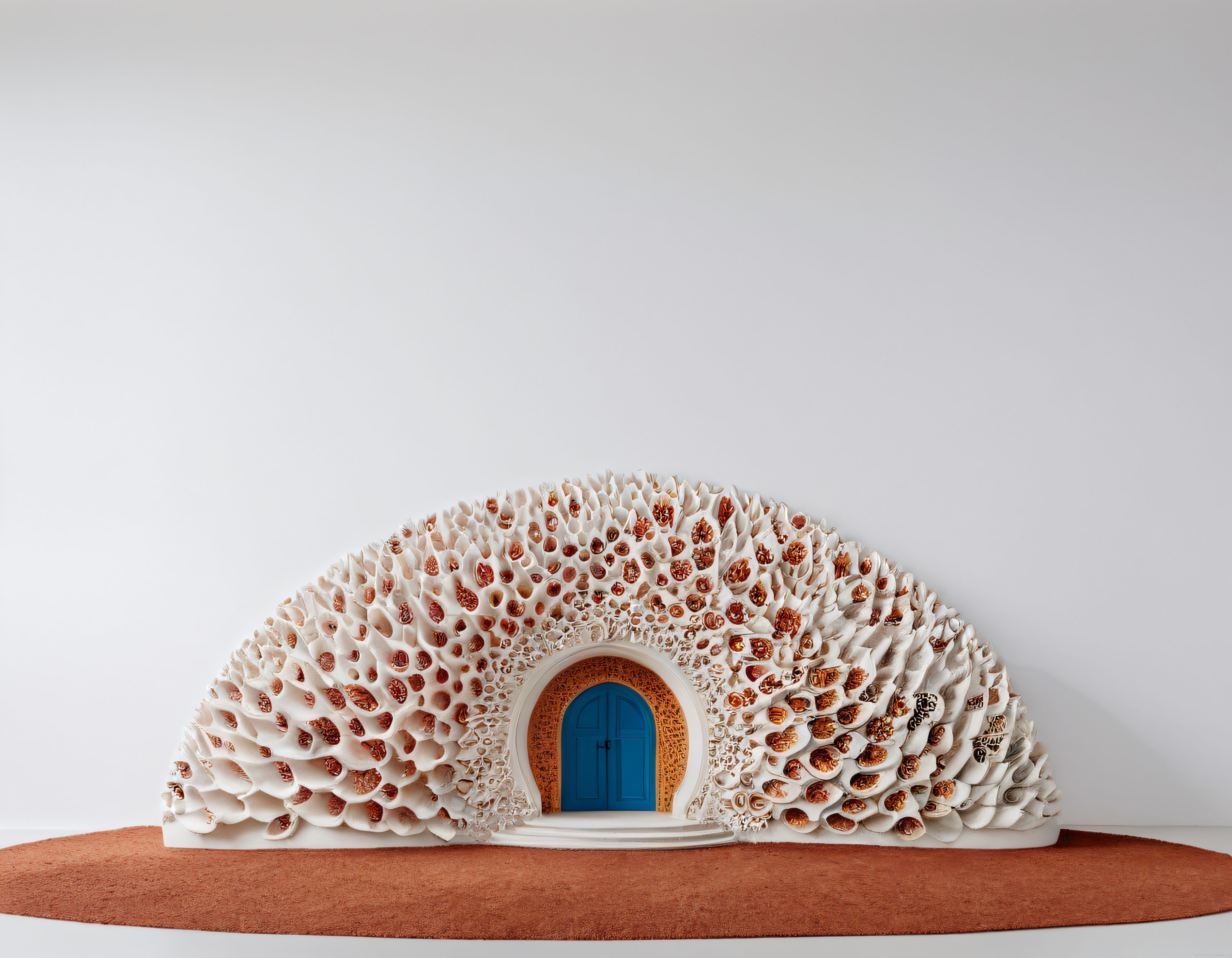 Mavi kapılı organik hücreli yarım kubbe formunda modern sanat ve 3D tasarım