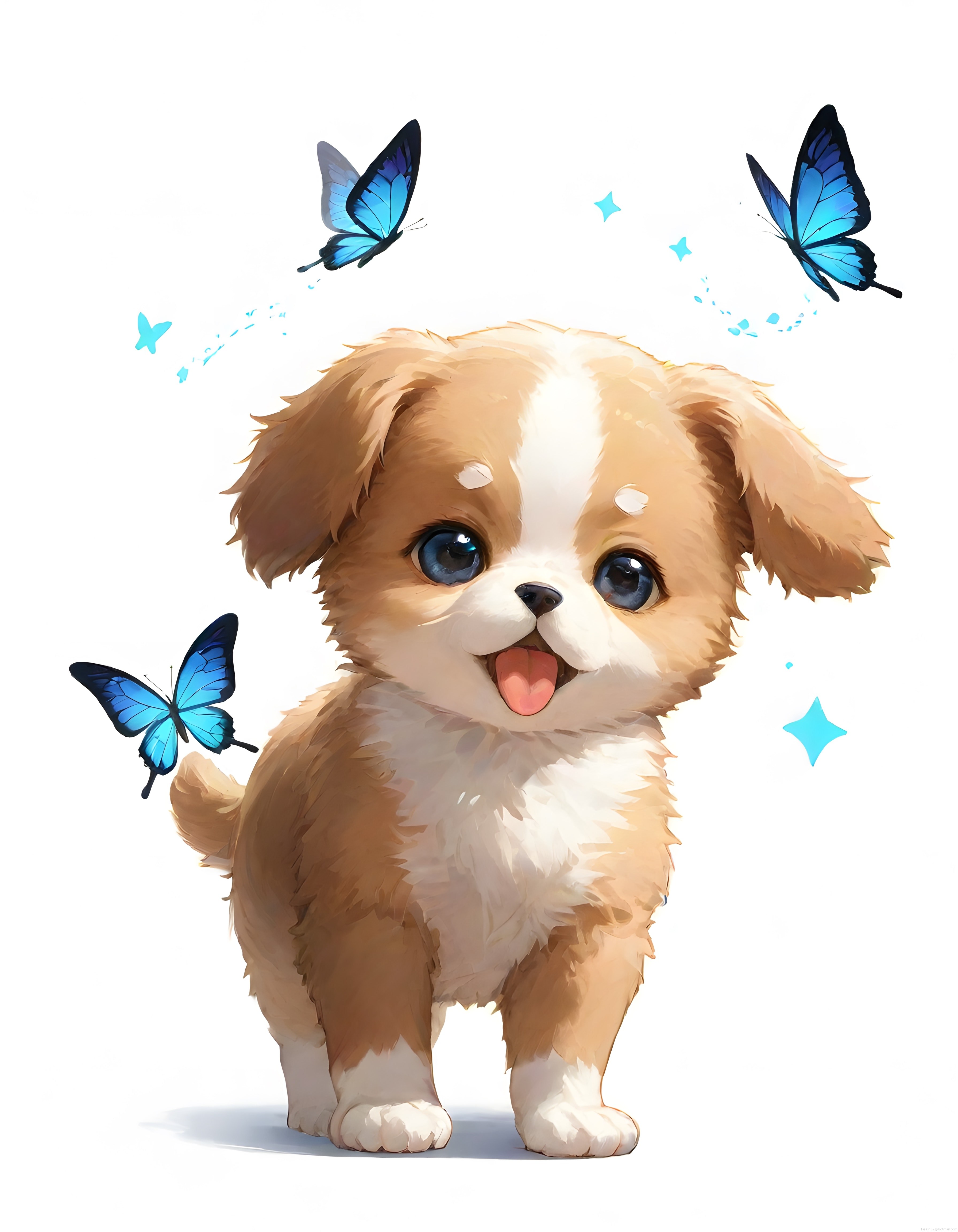 Mavi Kelebekler Etrafında Sevimli Anime Köpek Yavrusu Dijital İllüstrasyon