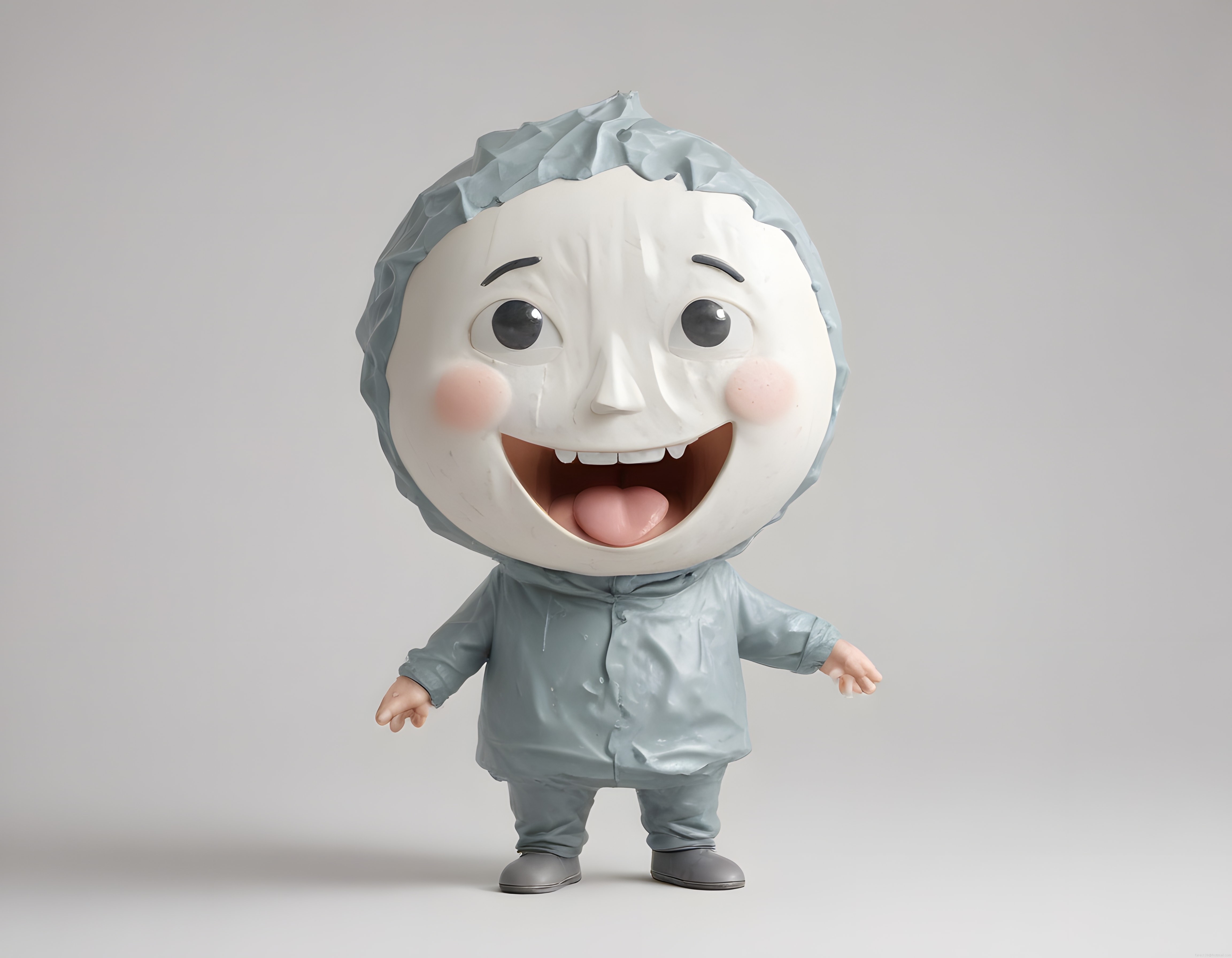 Mavi Kıyafetli Sevimli 3D Karakter Modeli Büyük Kafalı Gülen Bebek Biblosu