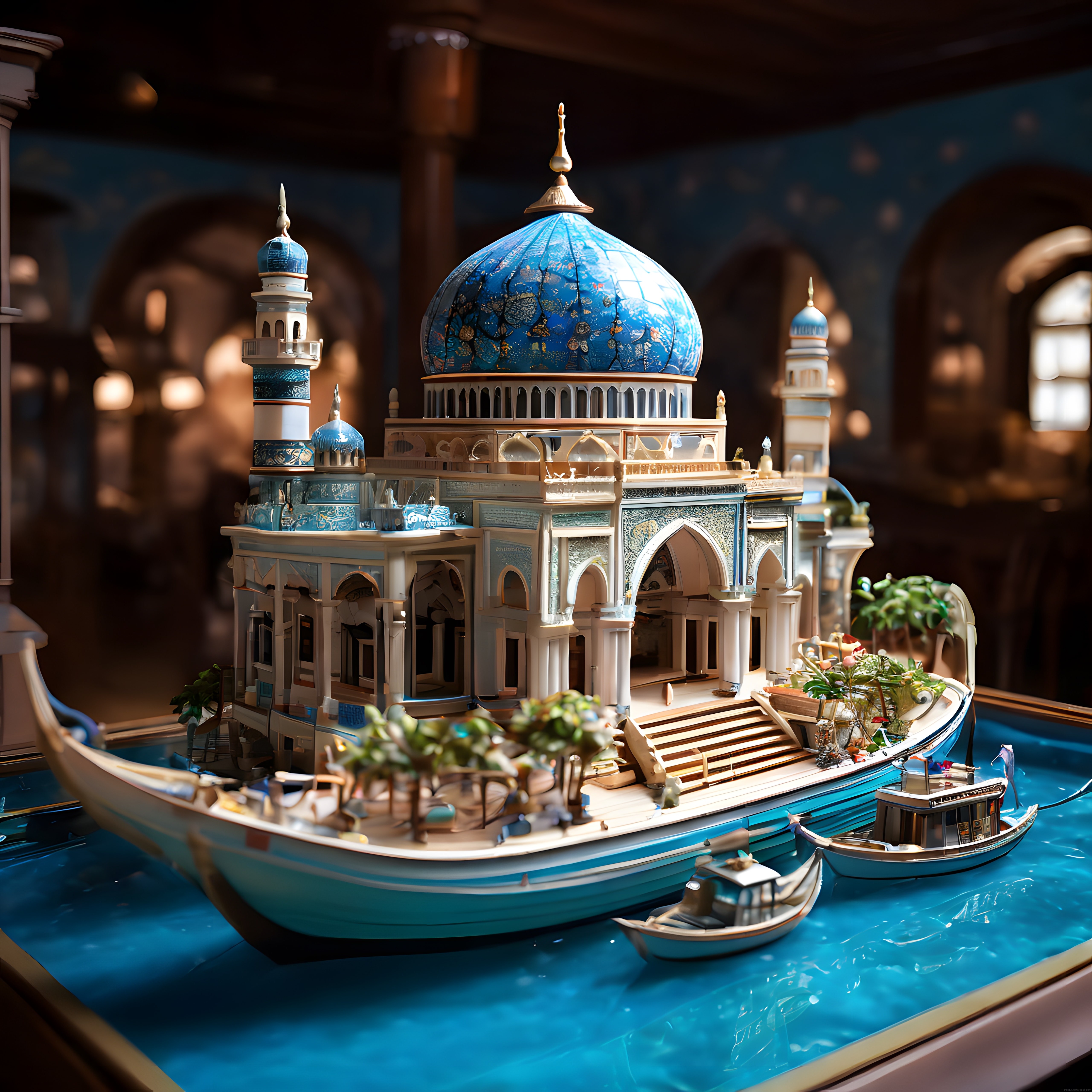 Mavi Kubbeli Cami ve Minareleri Taşıyan Süslü Fantastik Tekne Maketi