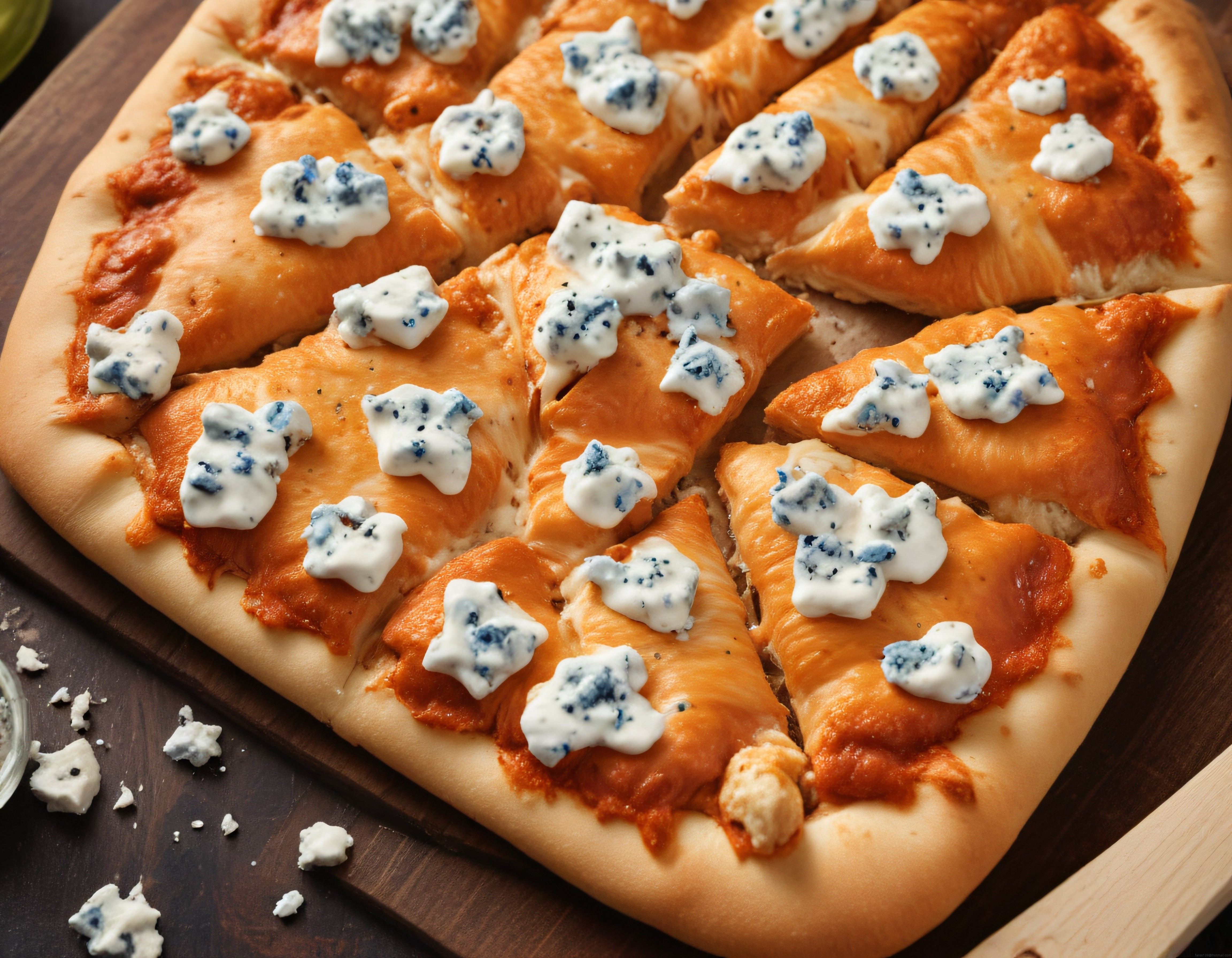 Mavi Küflü Peynirli Dilimlenmiş Pizza Ahşap Sunum Tahtası Üzerinde