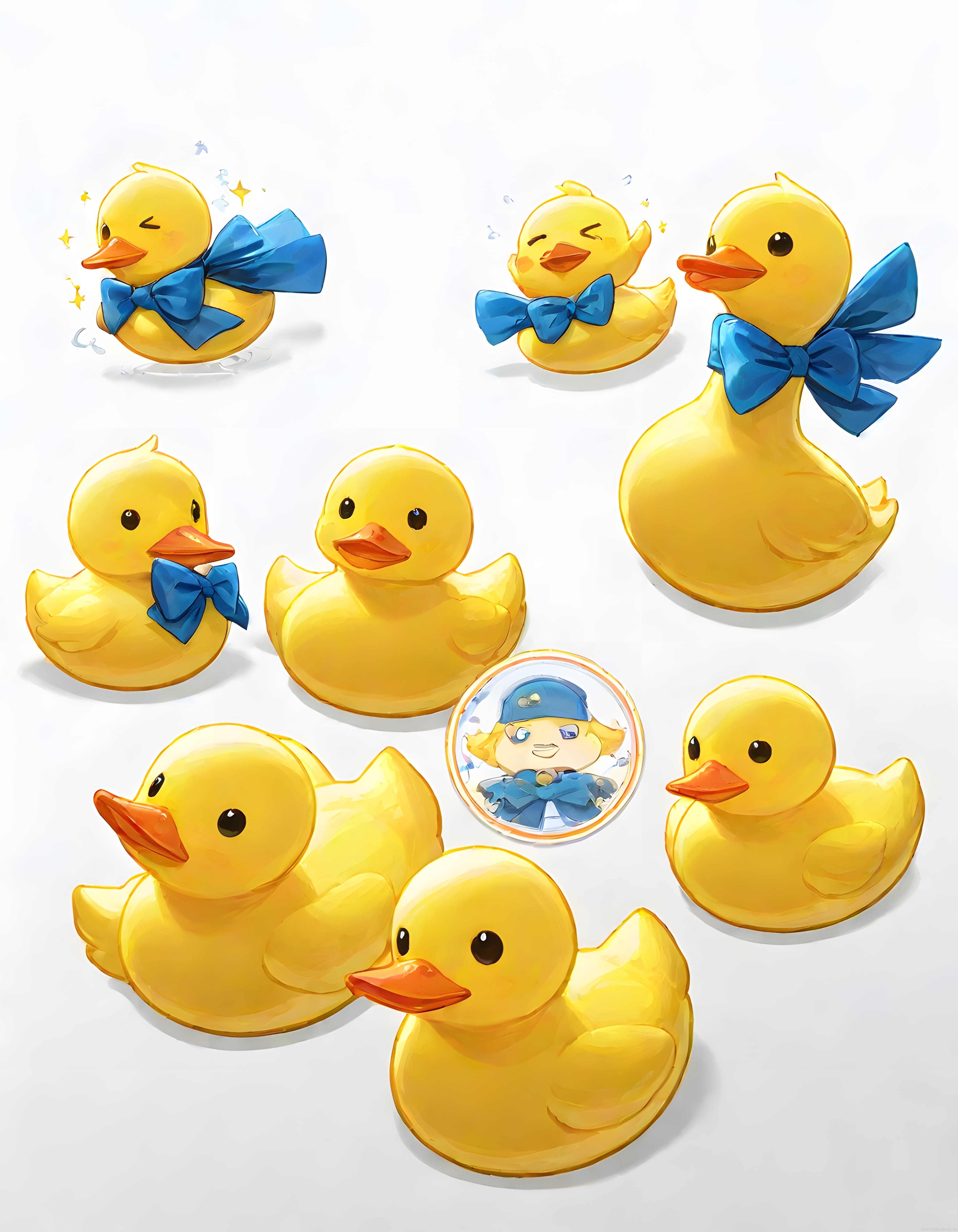Mavi Kurdeleli Sevimli Sarı Ördekler ve Anime Sticker Figürleri