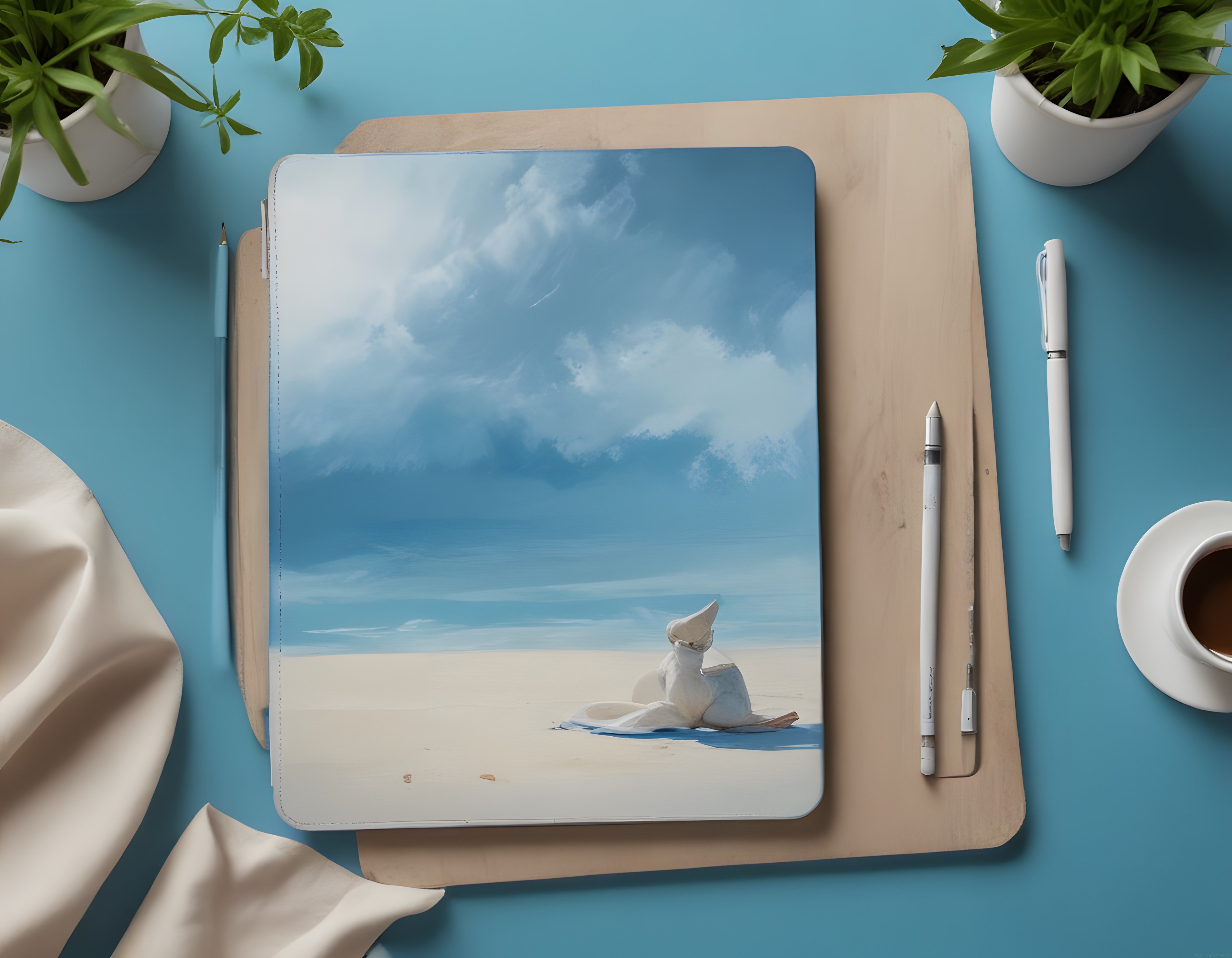 Mavi Masa Üstünde Plaj Manzaralı Tablet Mockup ve Sanatsal Aksesuarlar