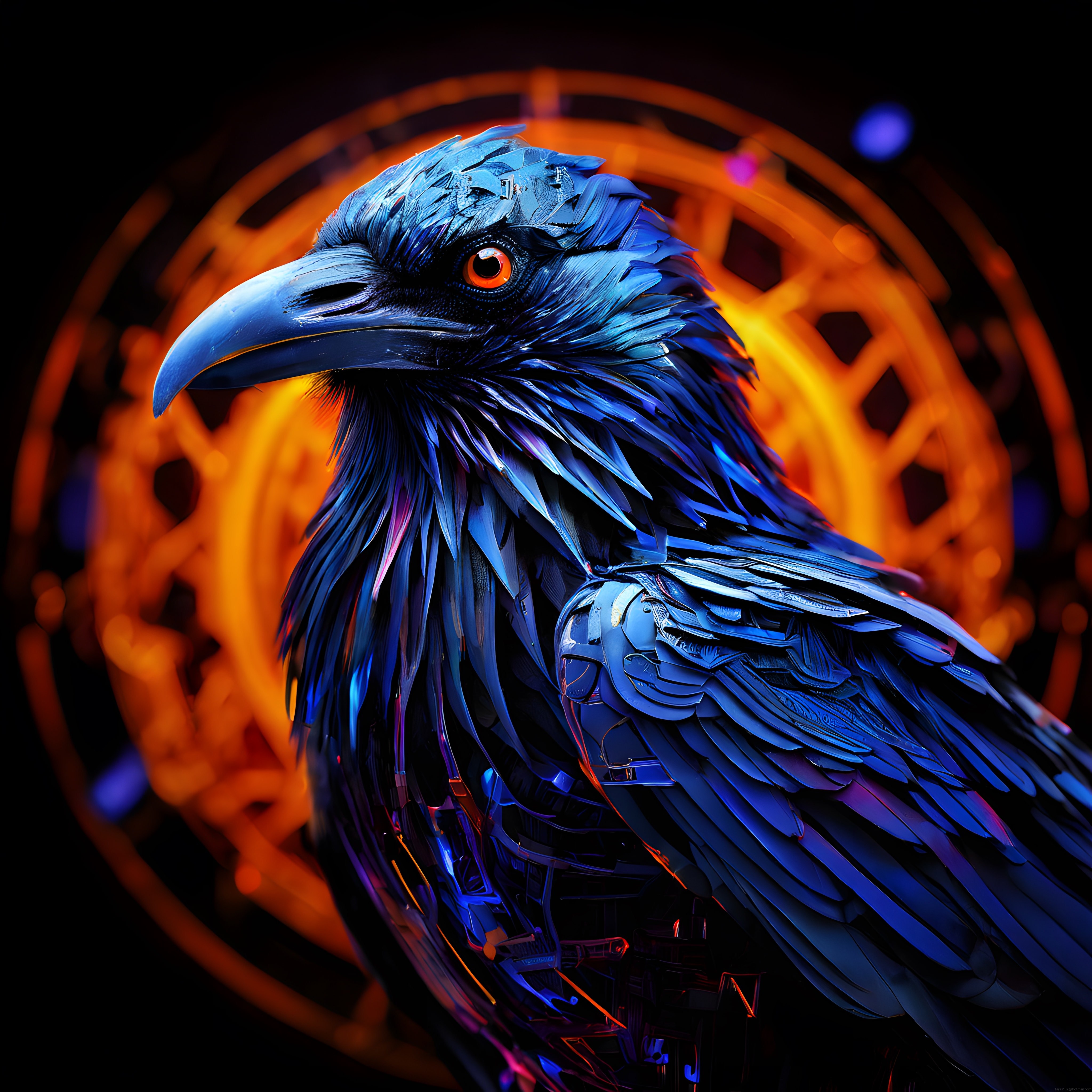 Mavi Mekanik Karga ve Turuncu Neon Portal: Fantastik Dijital Sanat Çalışması