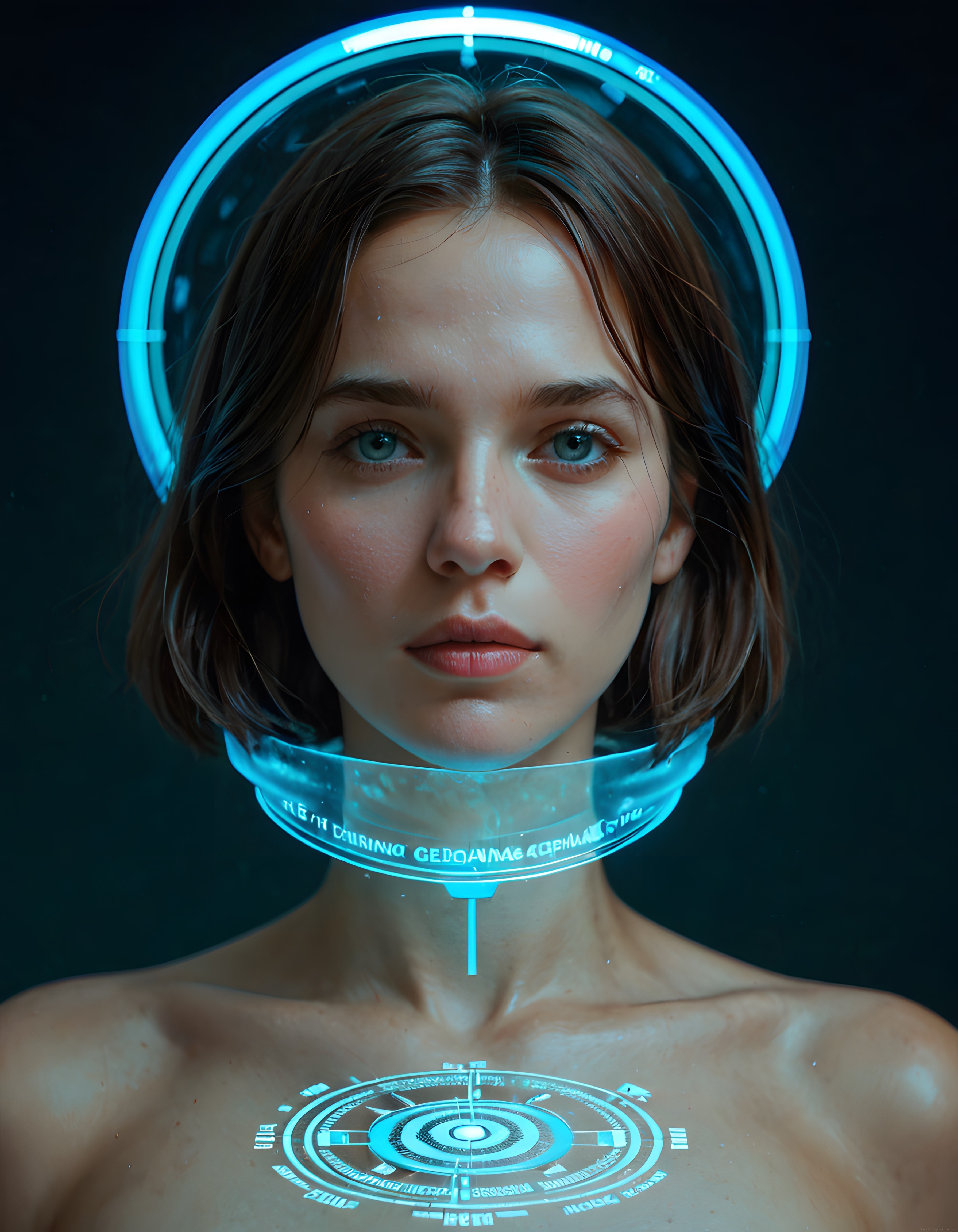 Mavi Neon Işıklar ve Holografik Detaylarla Geleceğin Dijital Portresi
