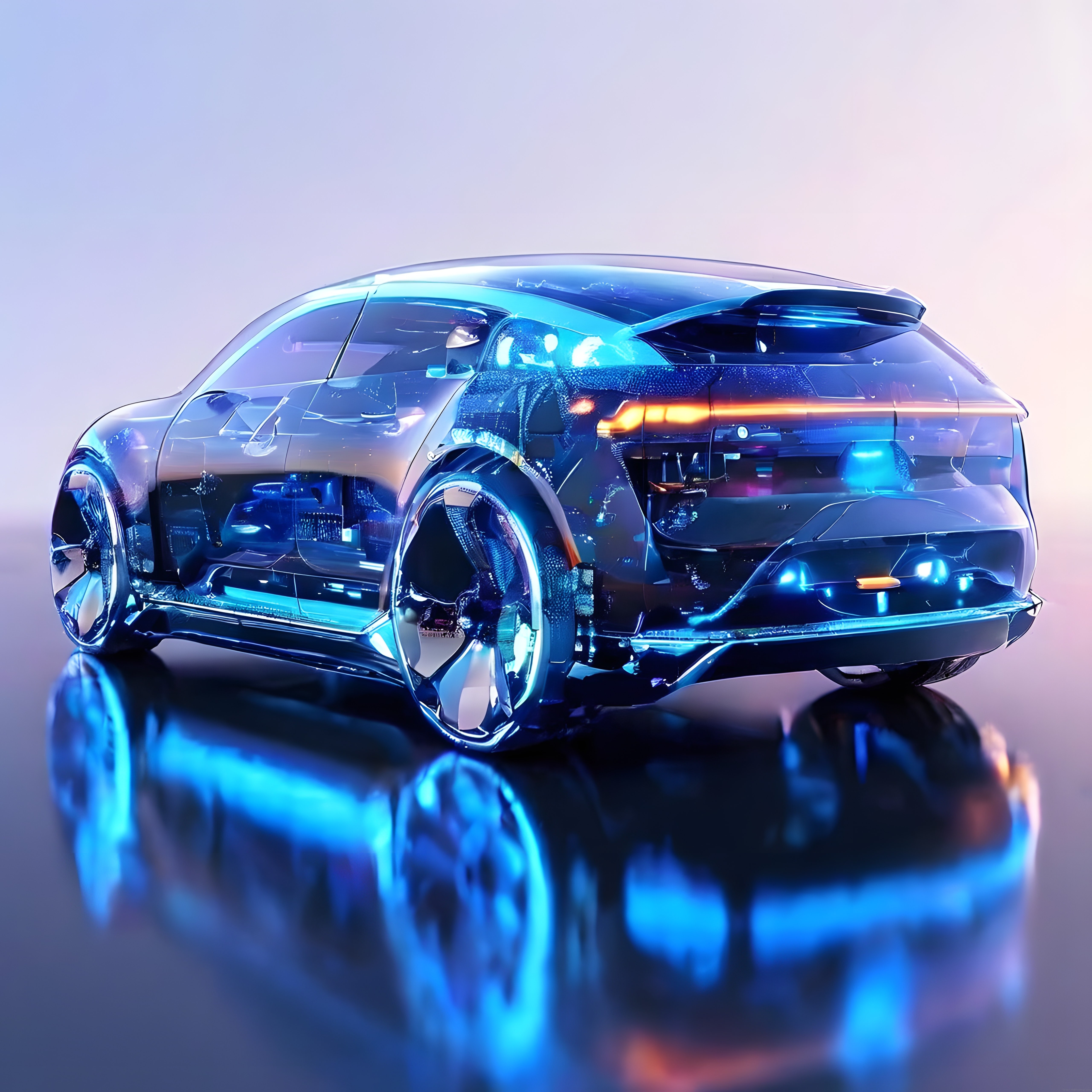 Mavi Neon Işıklarıyla Süslenmiş Şeffaf Gövdeli Fütüristik SUV Konsepti