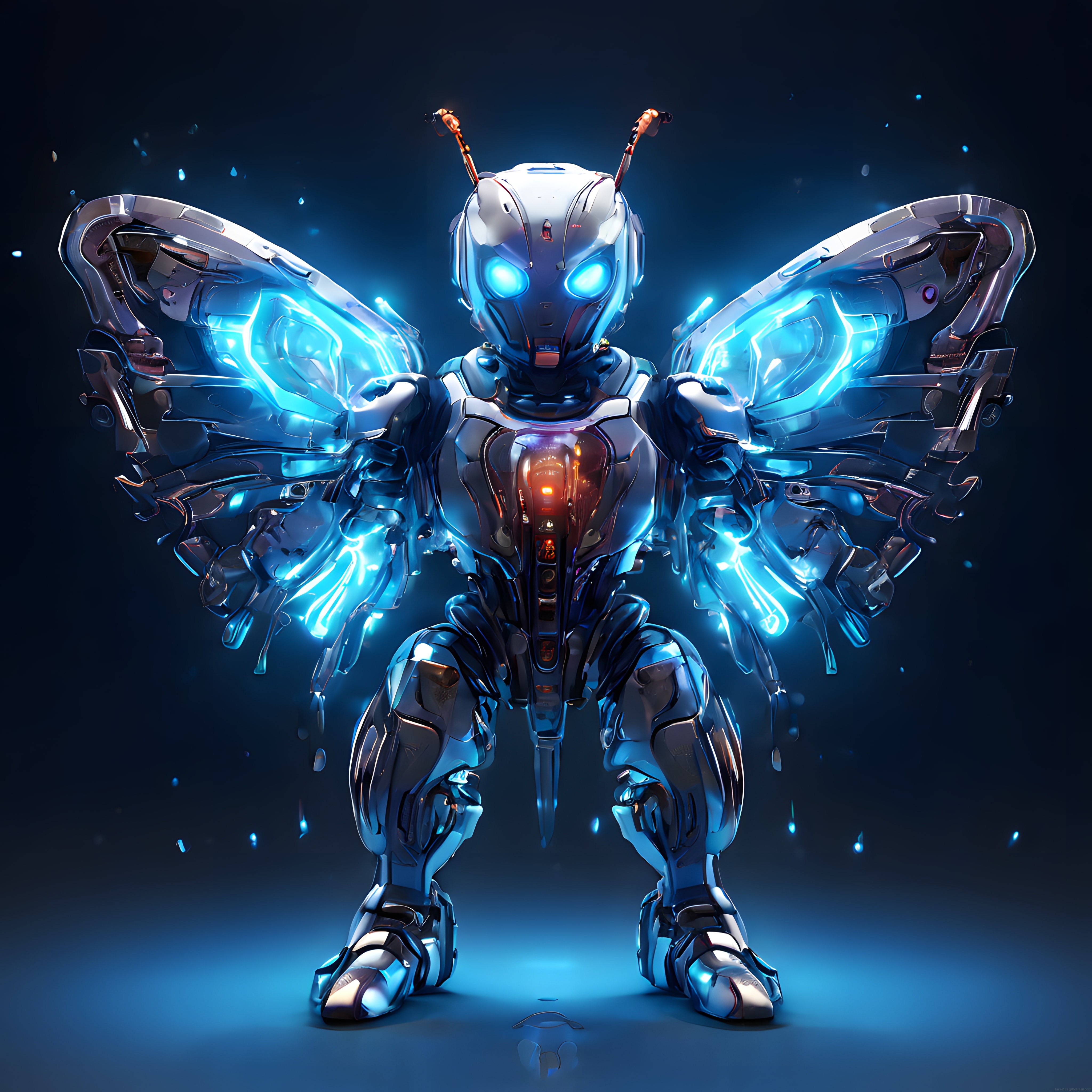Mavi Neon Işıklarla Parıldayan Biyo Mecha Kelebek Robot Konsepti