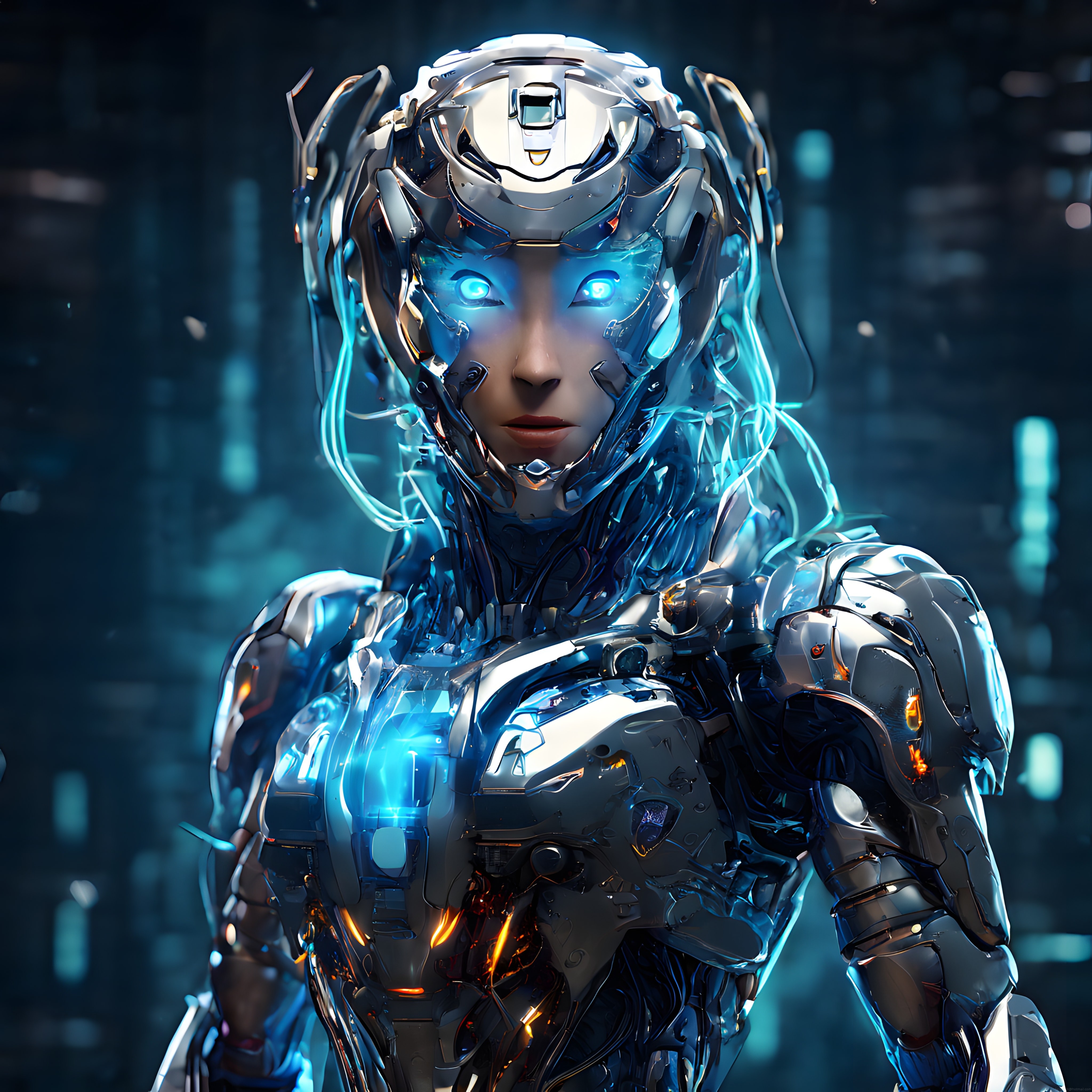 Mavi Neon Işıklarla Parıldayan Geleceğin Metalik Cyborg Kadın Savaşçı Portresi
