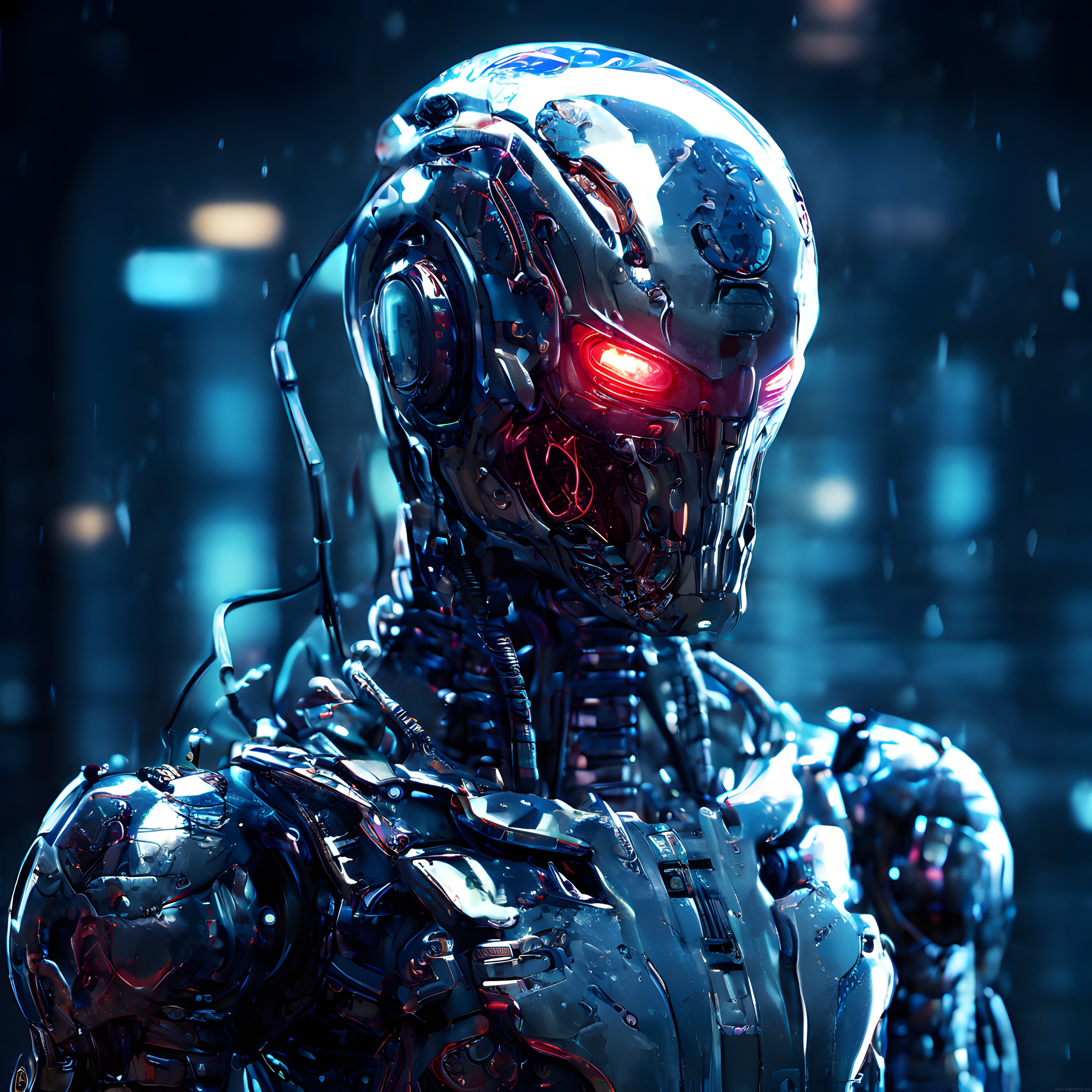 Mavi Neonlu Gecede Kırmızı Gözleriyle Parlayan Fütüristik Robot Portresi