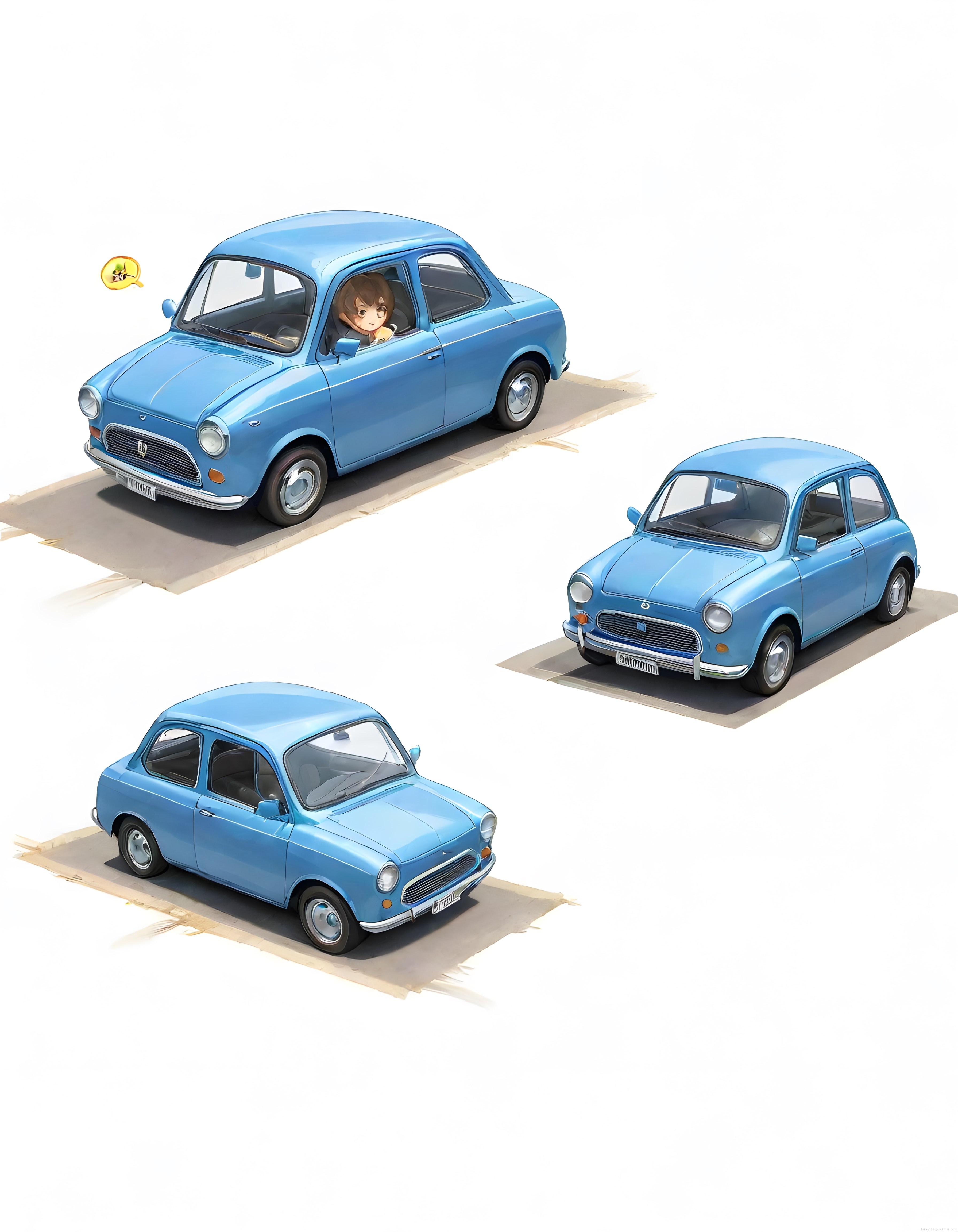 Mavi Nostaljik Mini Otomobil: Anime Tarzında Klasik Araba ve Karakter Tasarımı