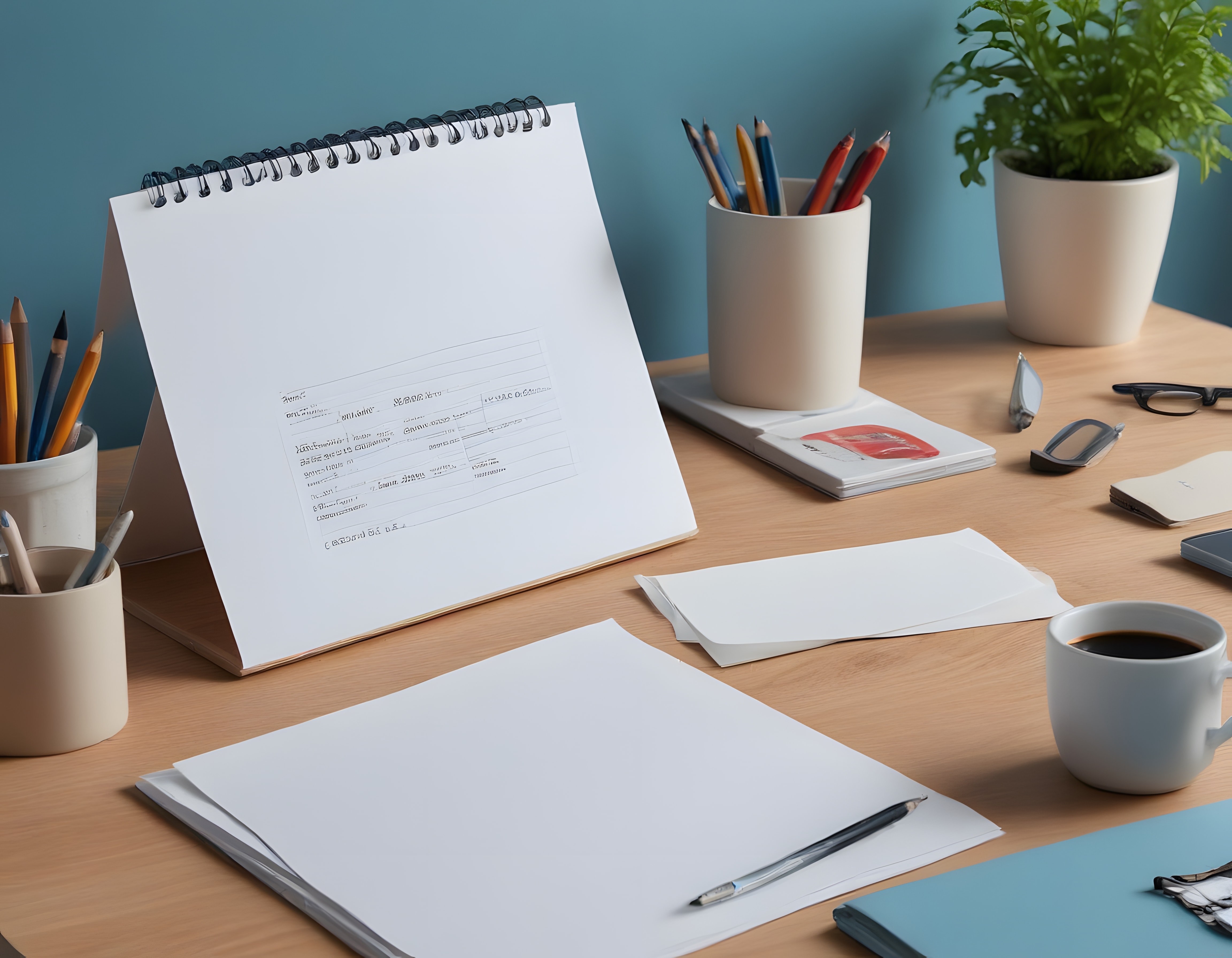 Mavi Ofis Duvarında Kahve ve Spiralli Defter ile Huzurlu Çalışma Köşesi
