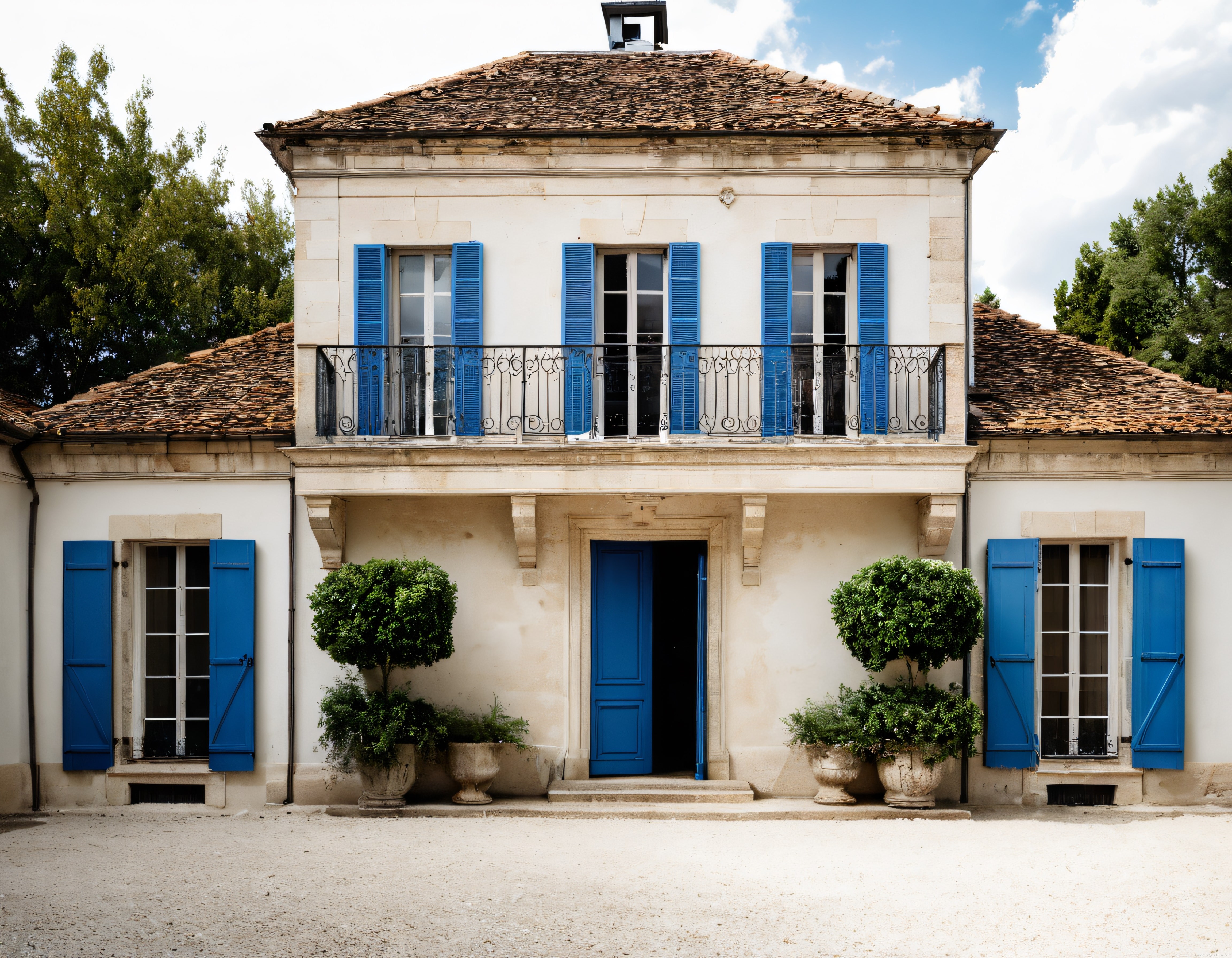 Mavi Panjurlu Şık Taş Ev, Ferforje Balkon ve Avlu Bahçesi ile Provence Havası