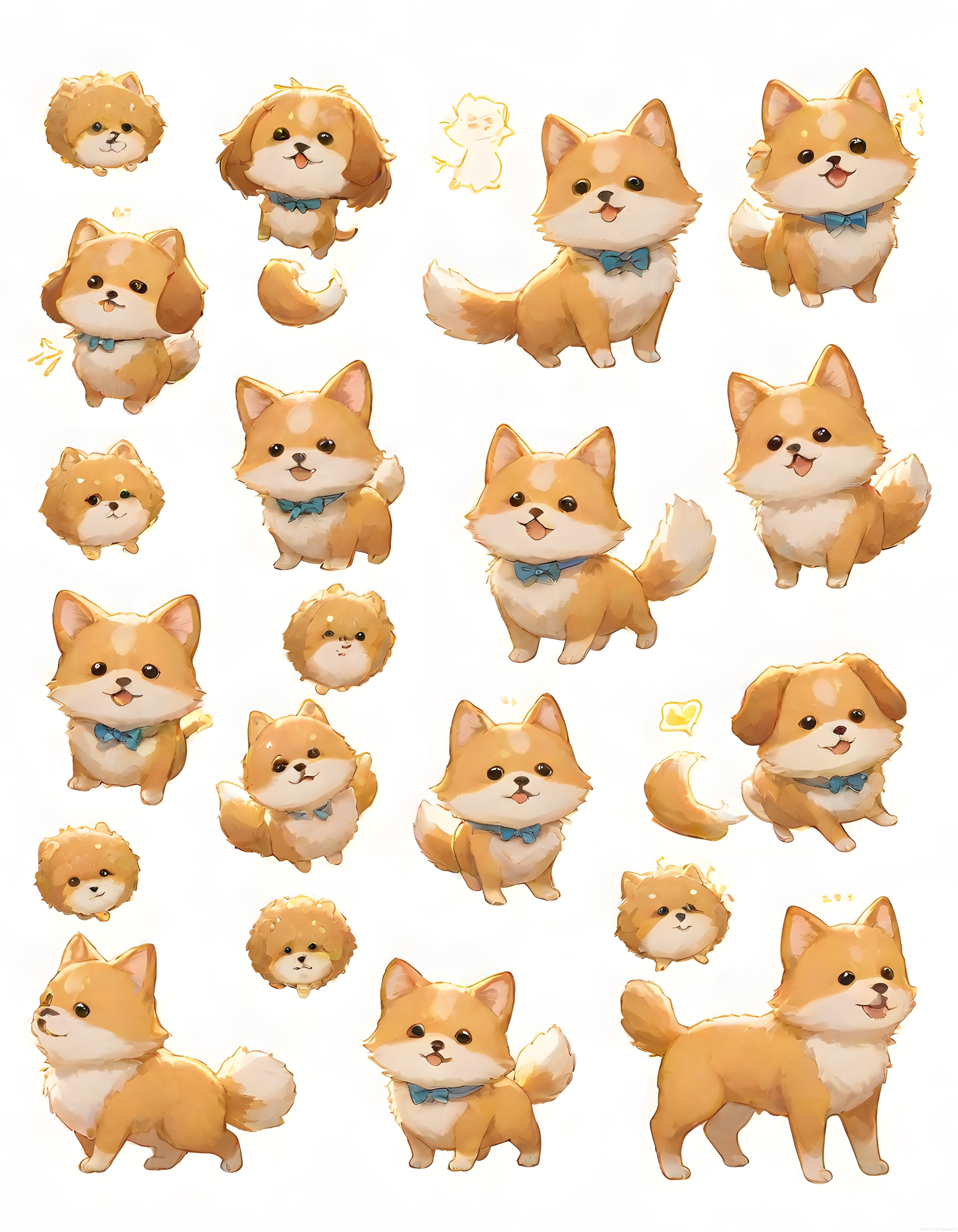 Mavi Papyonlu Sevimli Kawaii Yavru Köpek Çizimleri ve Karakter Seti
