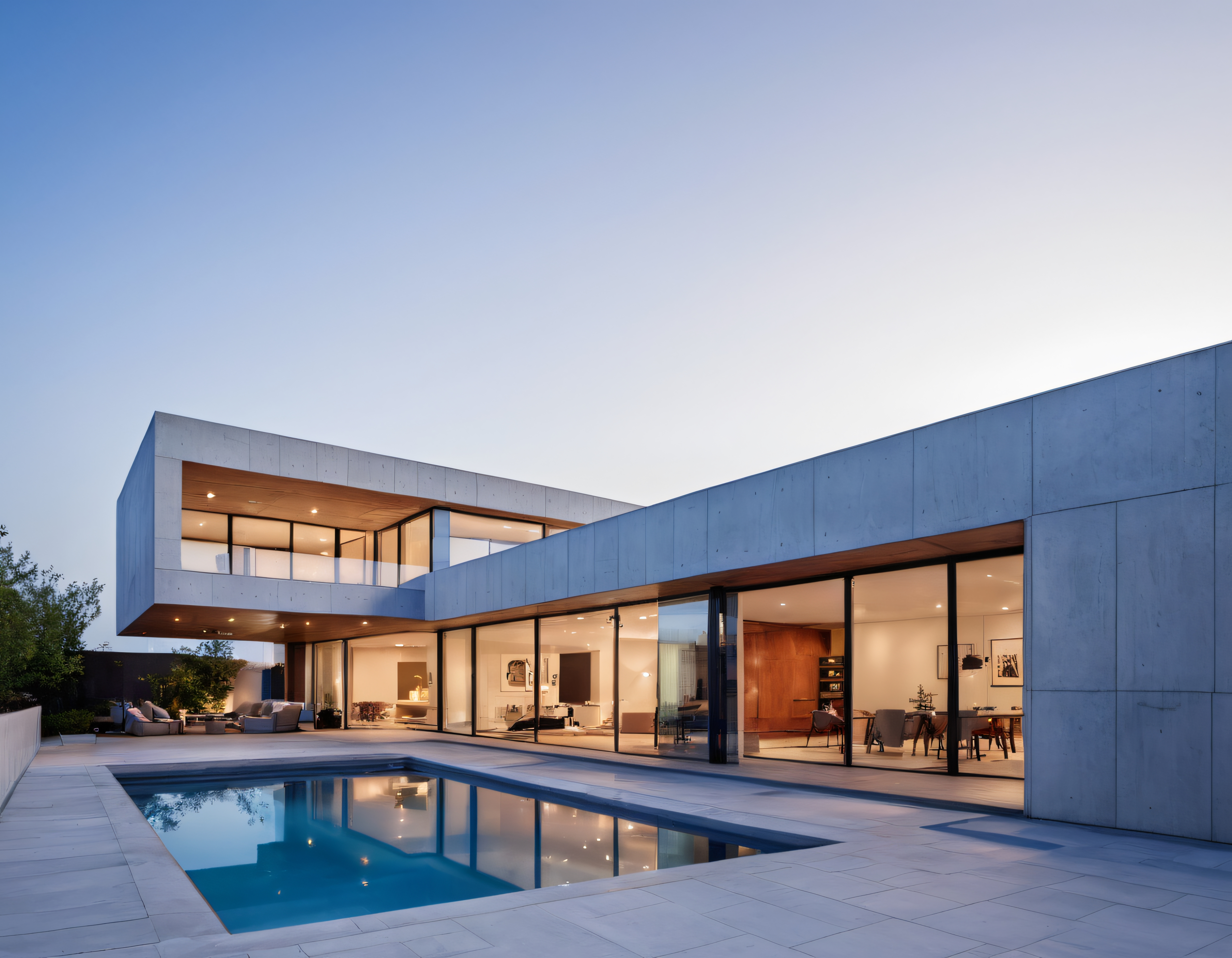 Mavi Saatte Işıklandırılmış Cam Cepheli Modern Beton Villa ve Havuz Tasarımı