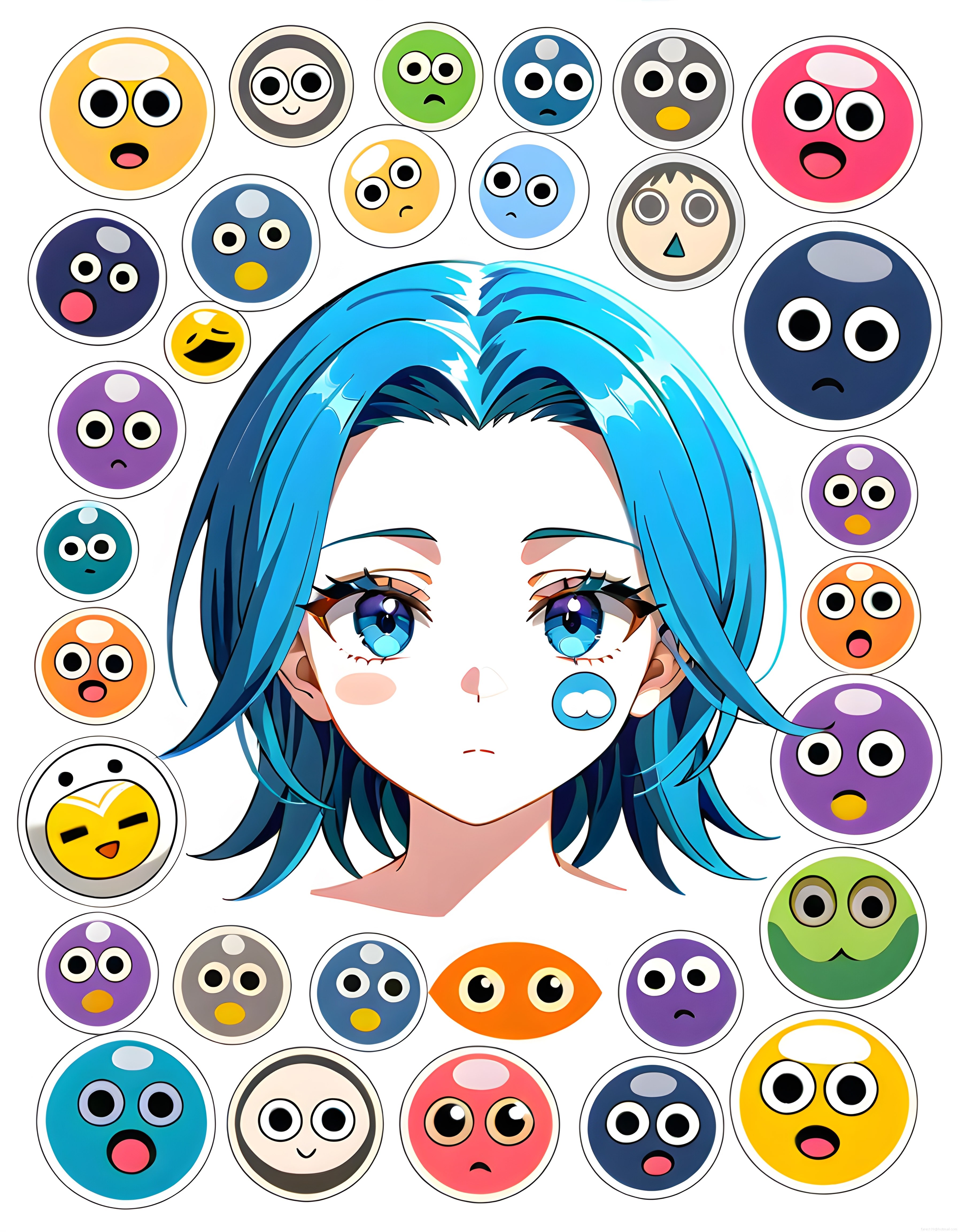 Mavi saçlı anime karakter ve etrafını saran renkli duygulu emoji ifadeleri