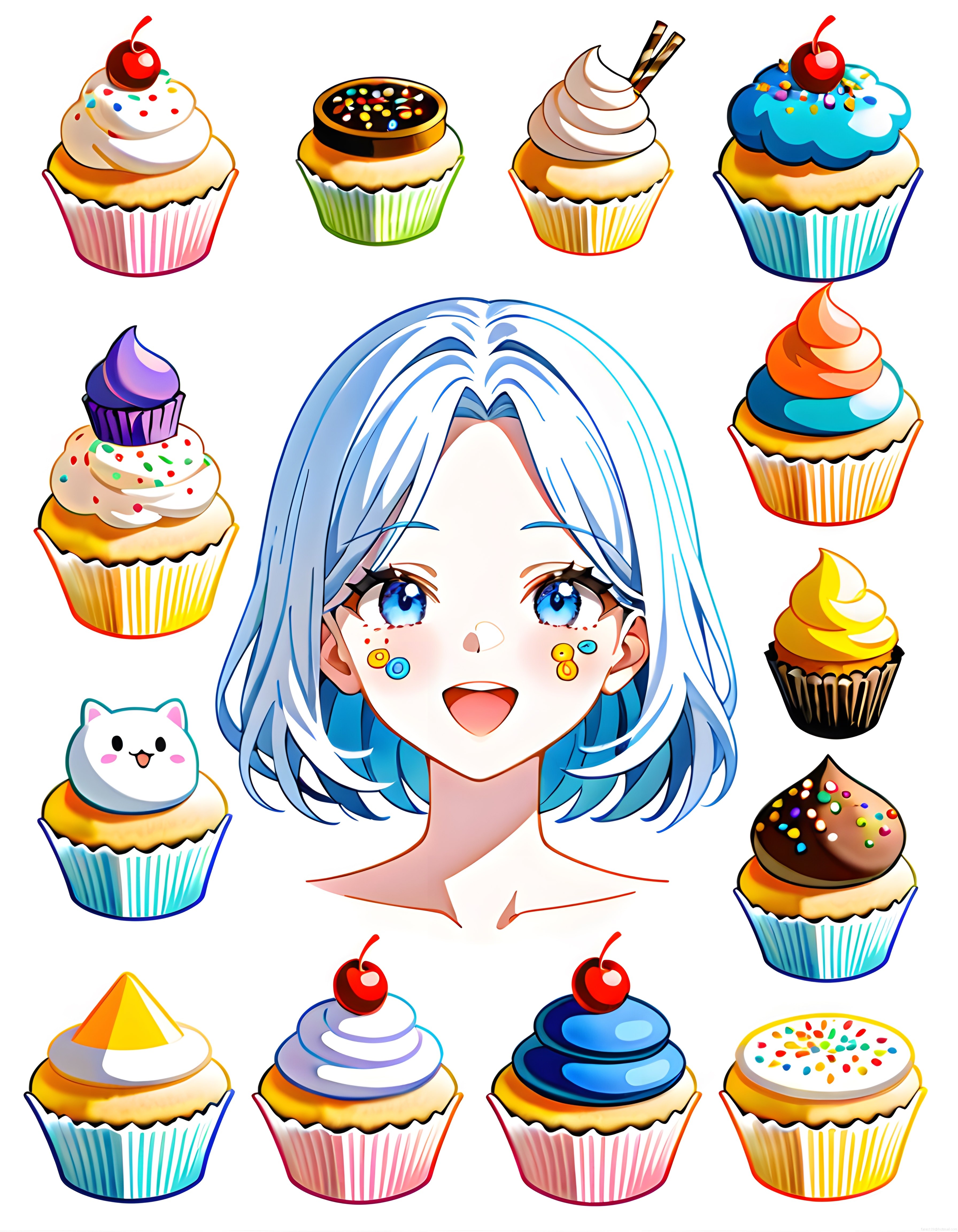 Mavi Saçlı Anime Karakter ve Renkli Cupcake'lerle Dolu Dijital Sanat Çizimi