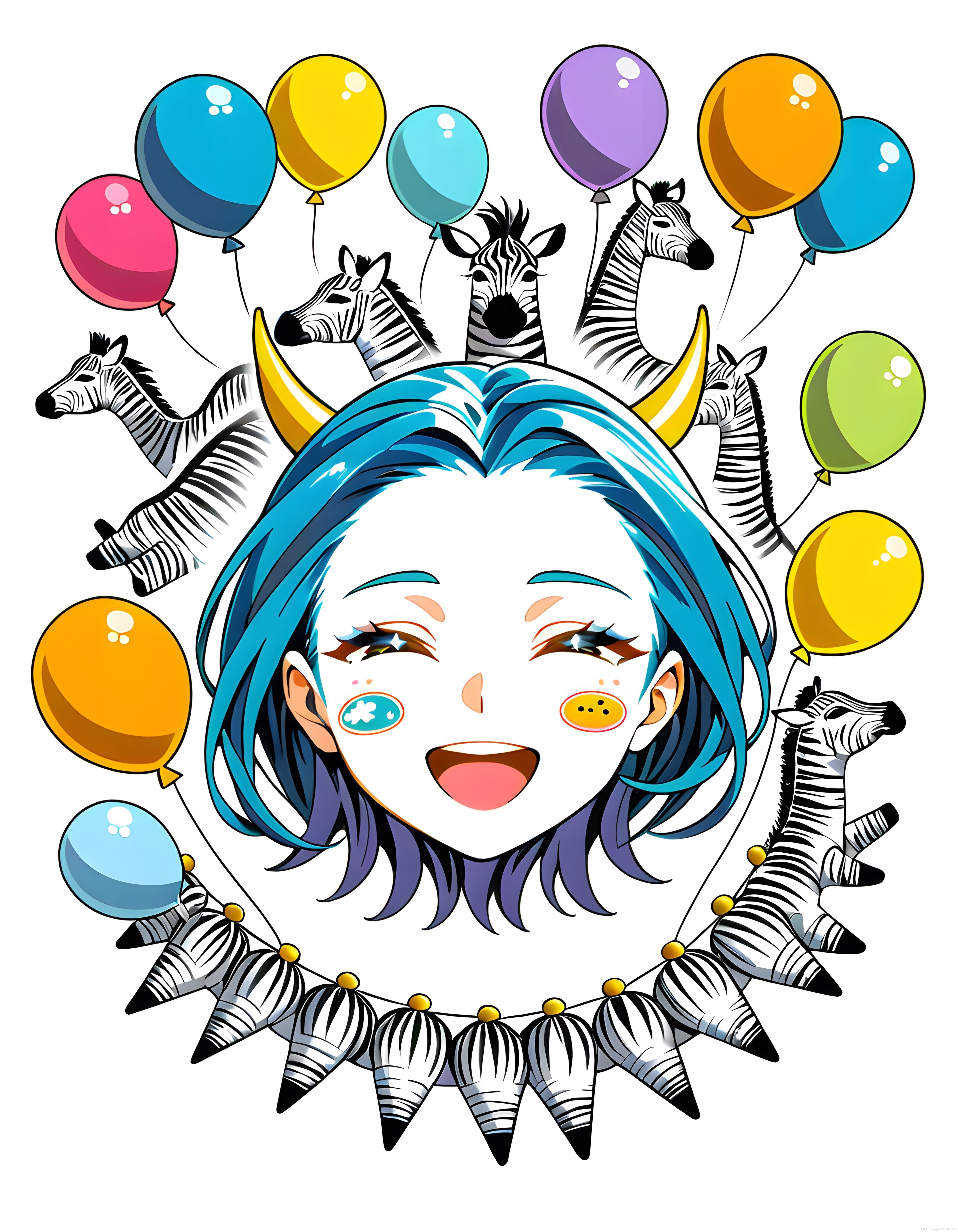 Mavi Saçlı Anime Karakter ve Uçan Zebralarla Renkli Parti Dijital Sanat