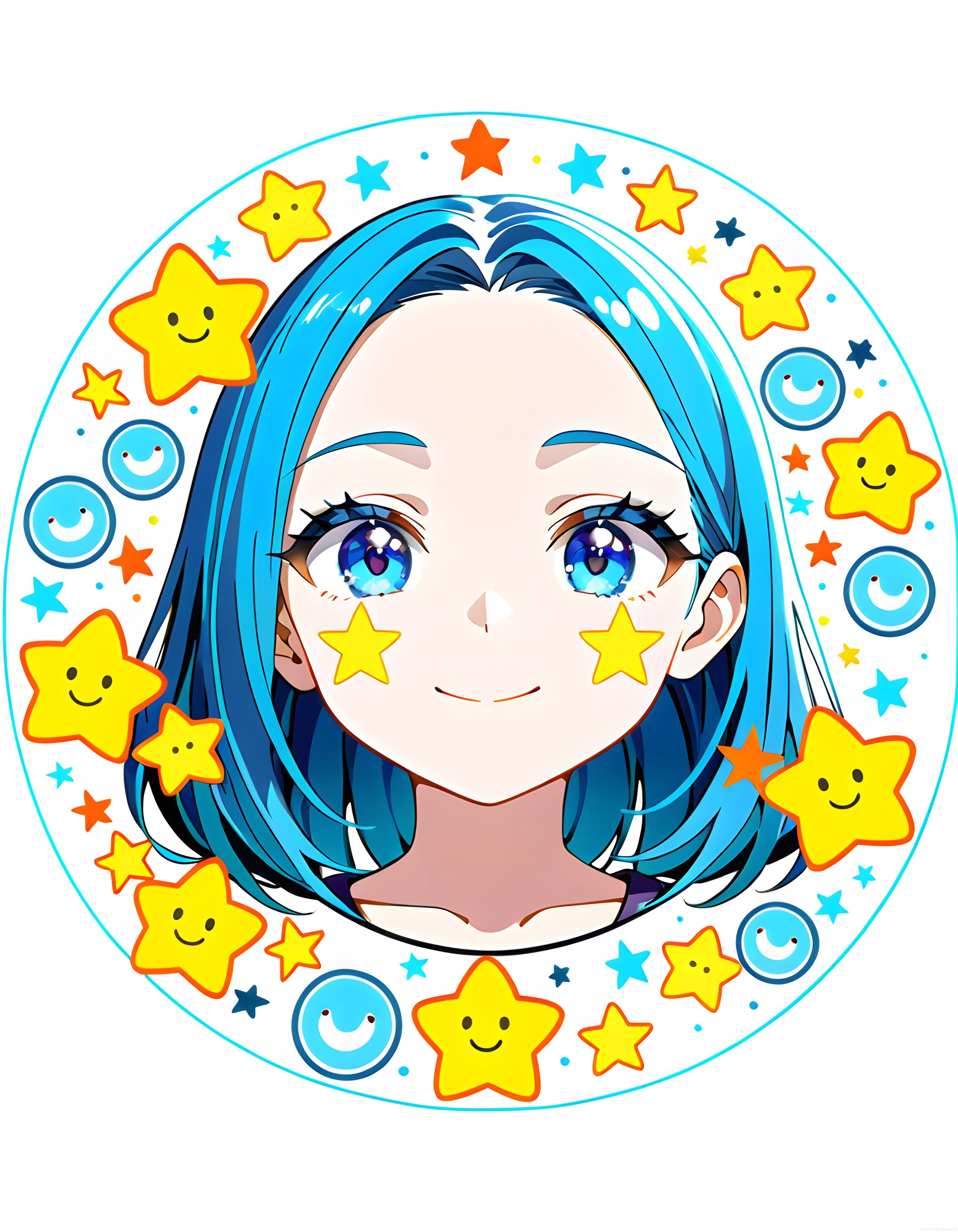 mavi saçlı anime kız dijital çizim yıldızlı çerçeve sevimli karakter illüstrasyonu