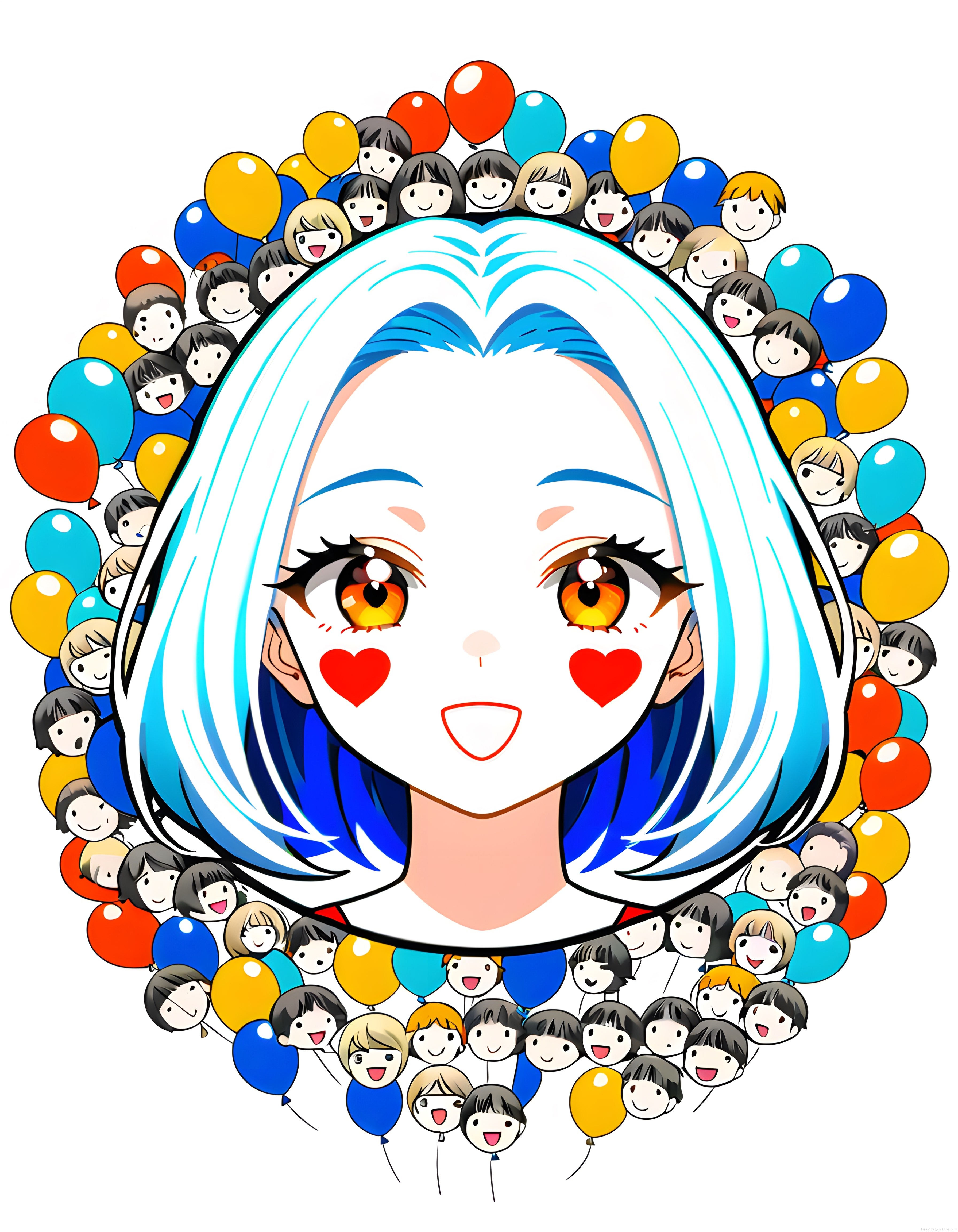 Mavi Saçlı Anime Kız ve Chibi Hayranlarıyla Renkli Kutlama Anı