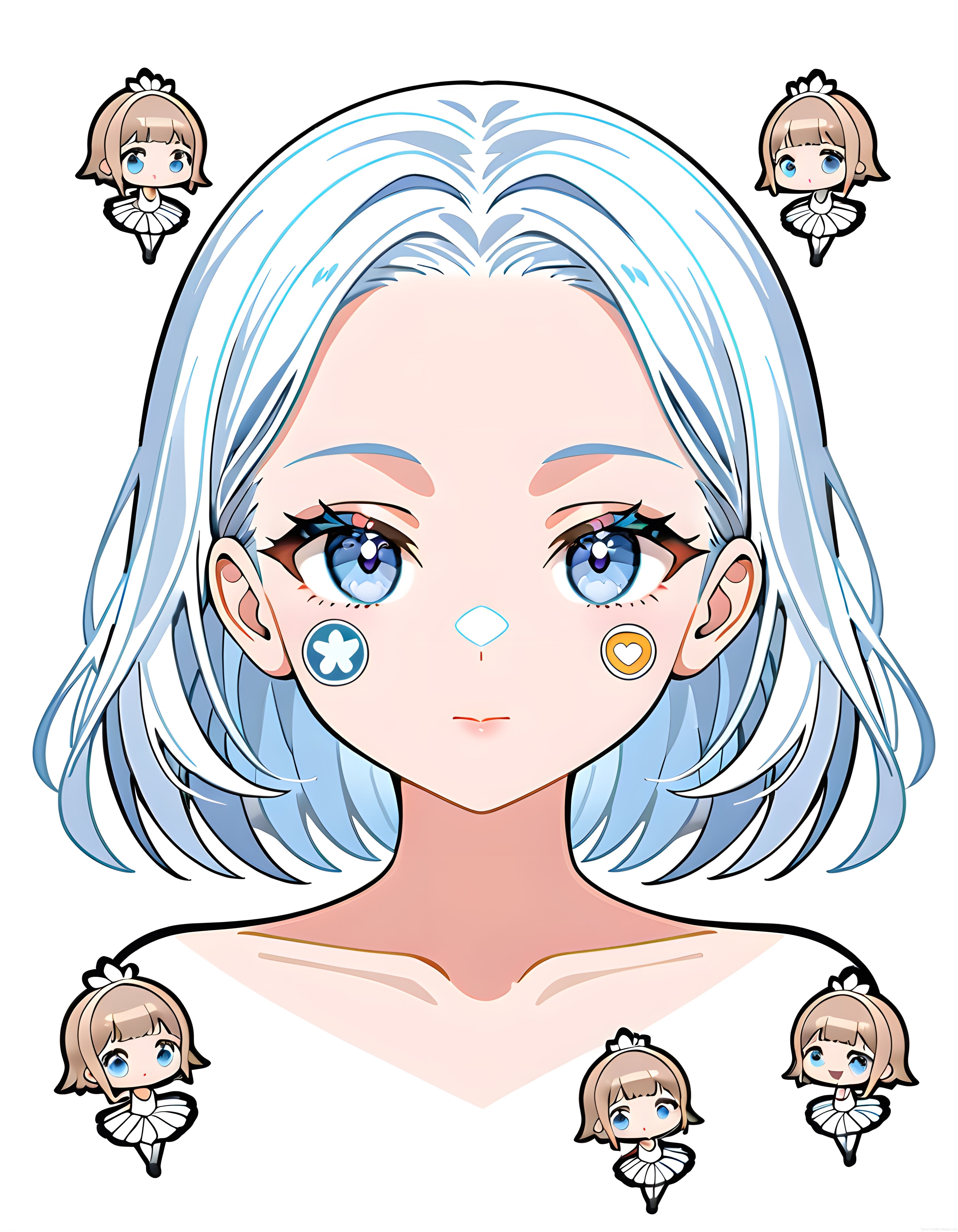 Mavi Saçlı Anime Kız ve Etrafındaki Sevimli Chibi Karakterler Dijital Çizim