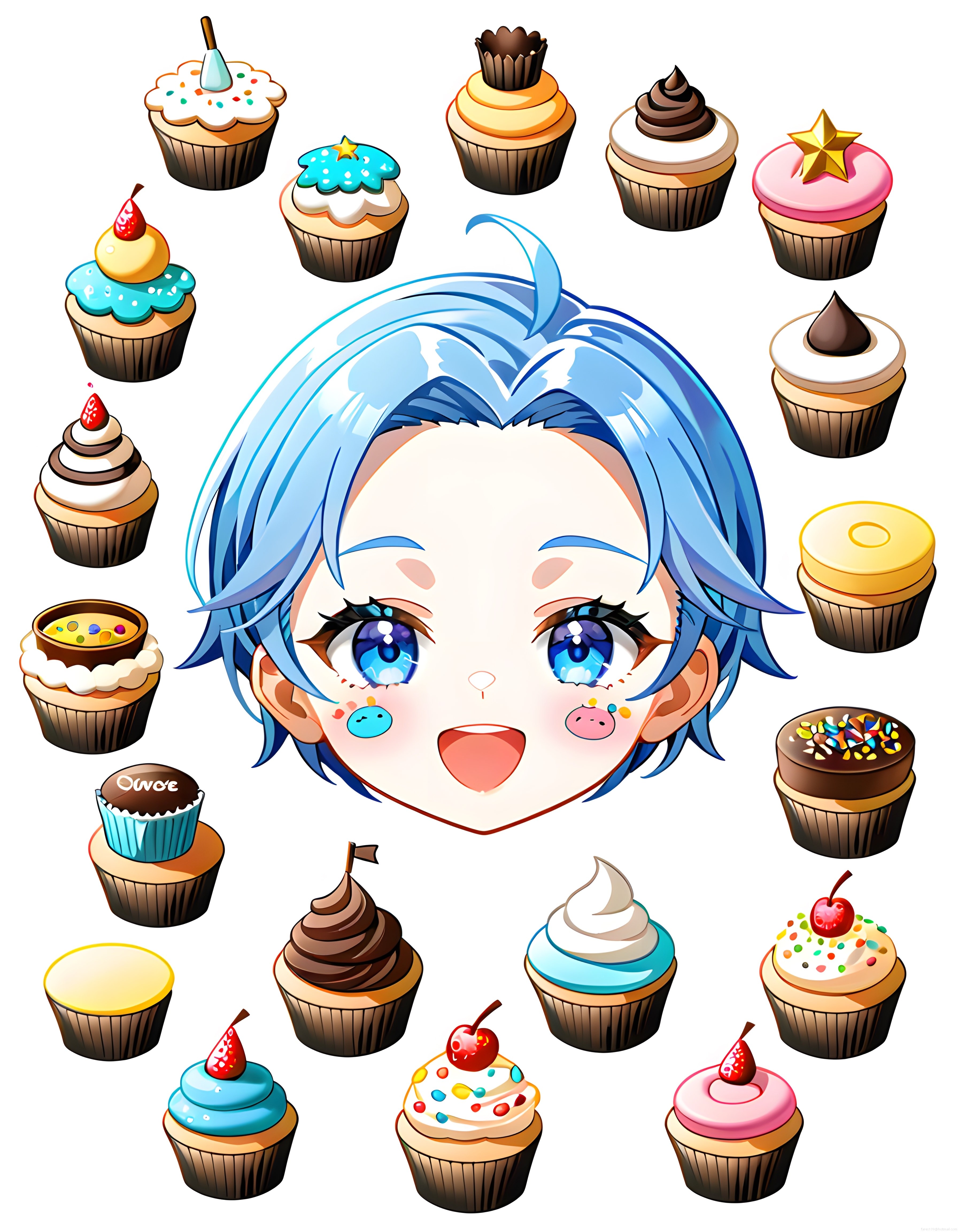 Mavi saçlı anime kız ve etrafını saran renkli cupcake'lerle sevimli illüstrasyon