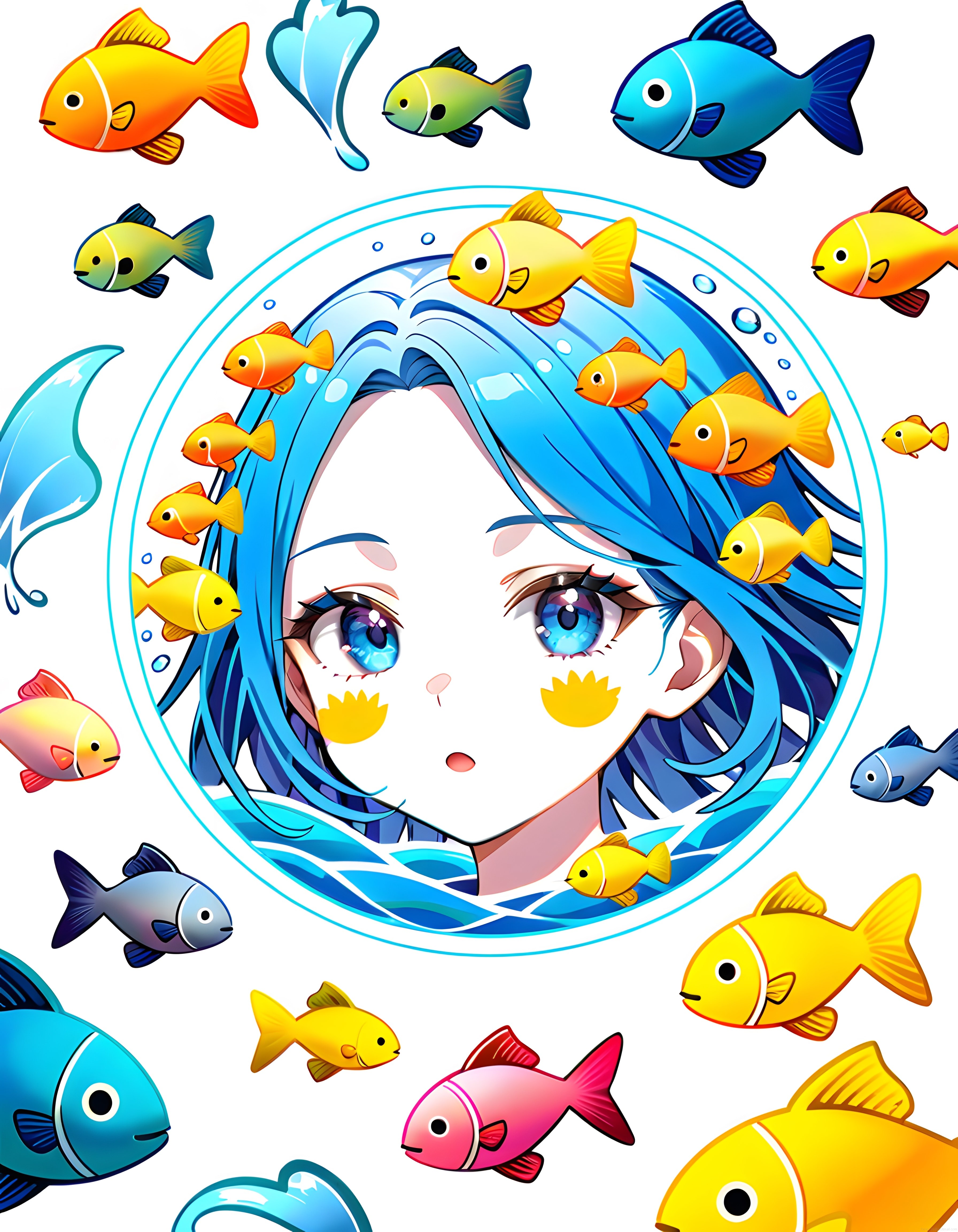 Mavi Saçlı Anime Kız ve Renkli Balıklarla Süslü Fantastik Dijital Sanat Eseri