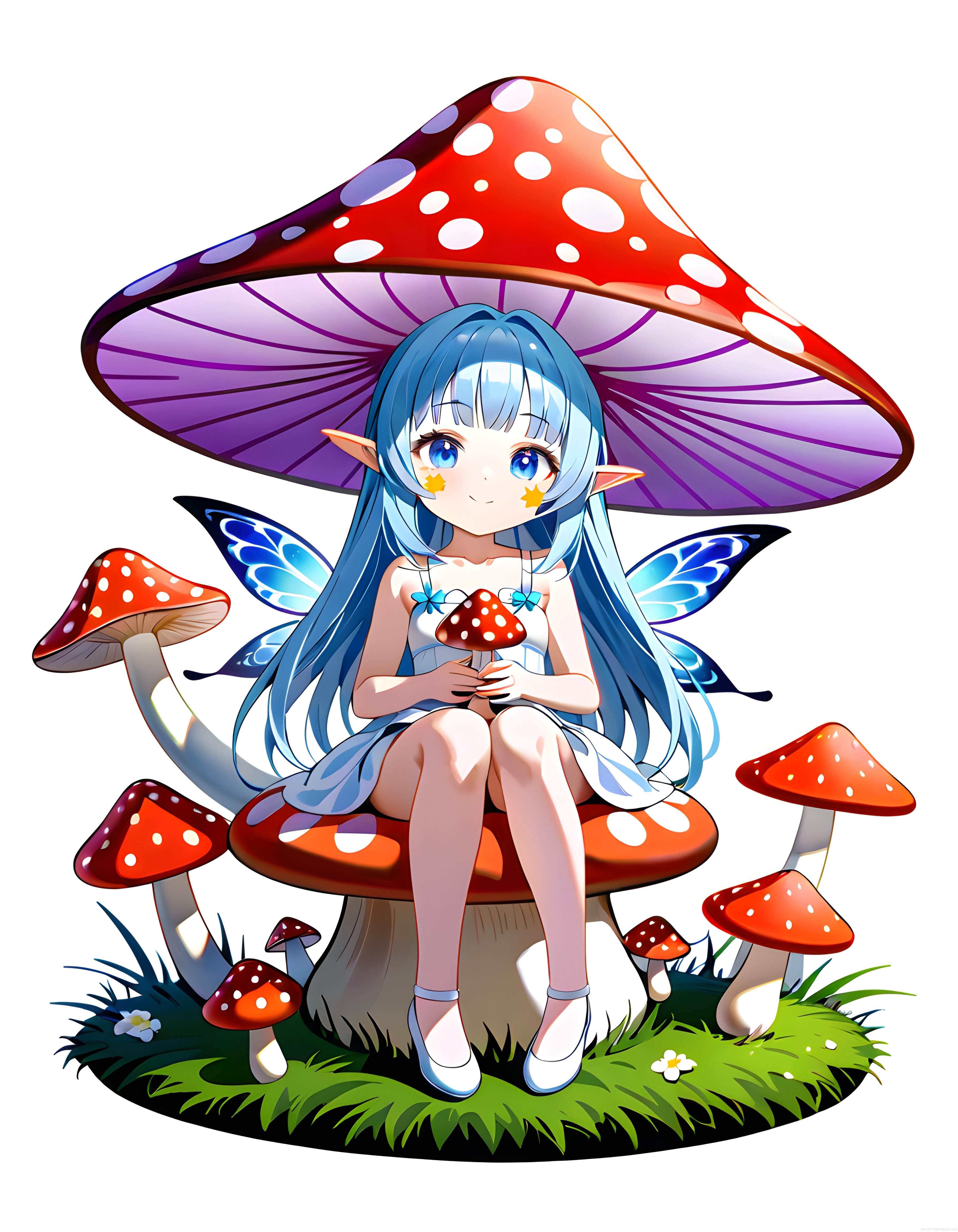 Mavi Saçlı Anime Peri Kızı Büyülü Mantar Ormanında Fantastik Çizim