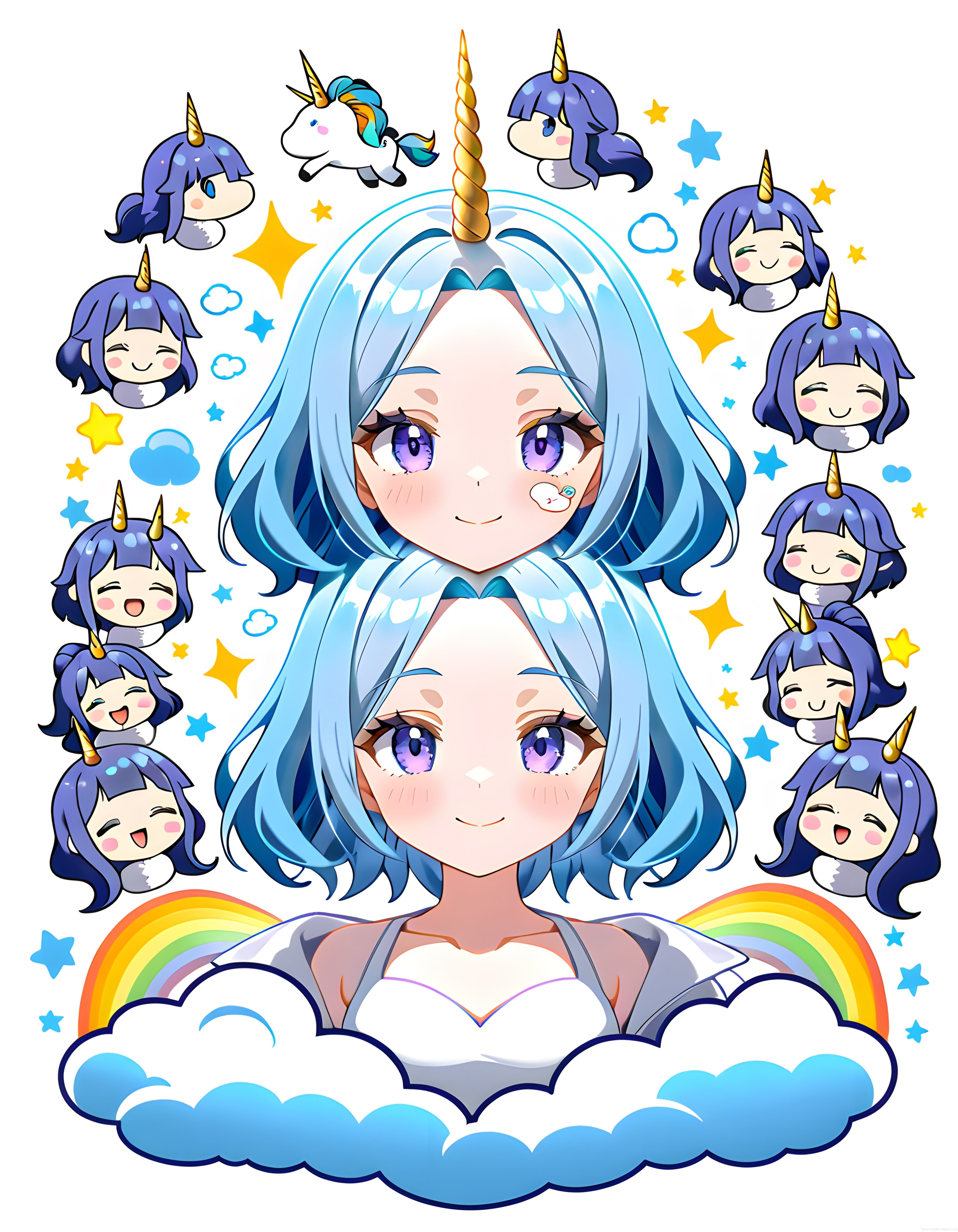 Mavi Saçlı Anime Unicorn Kızlar ve Gökkuşağı Bulutları Dijital İllüstrasyon