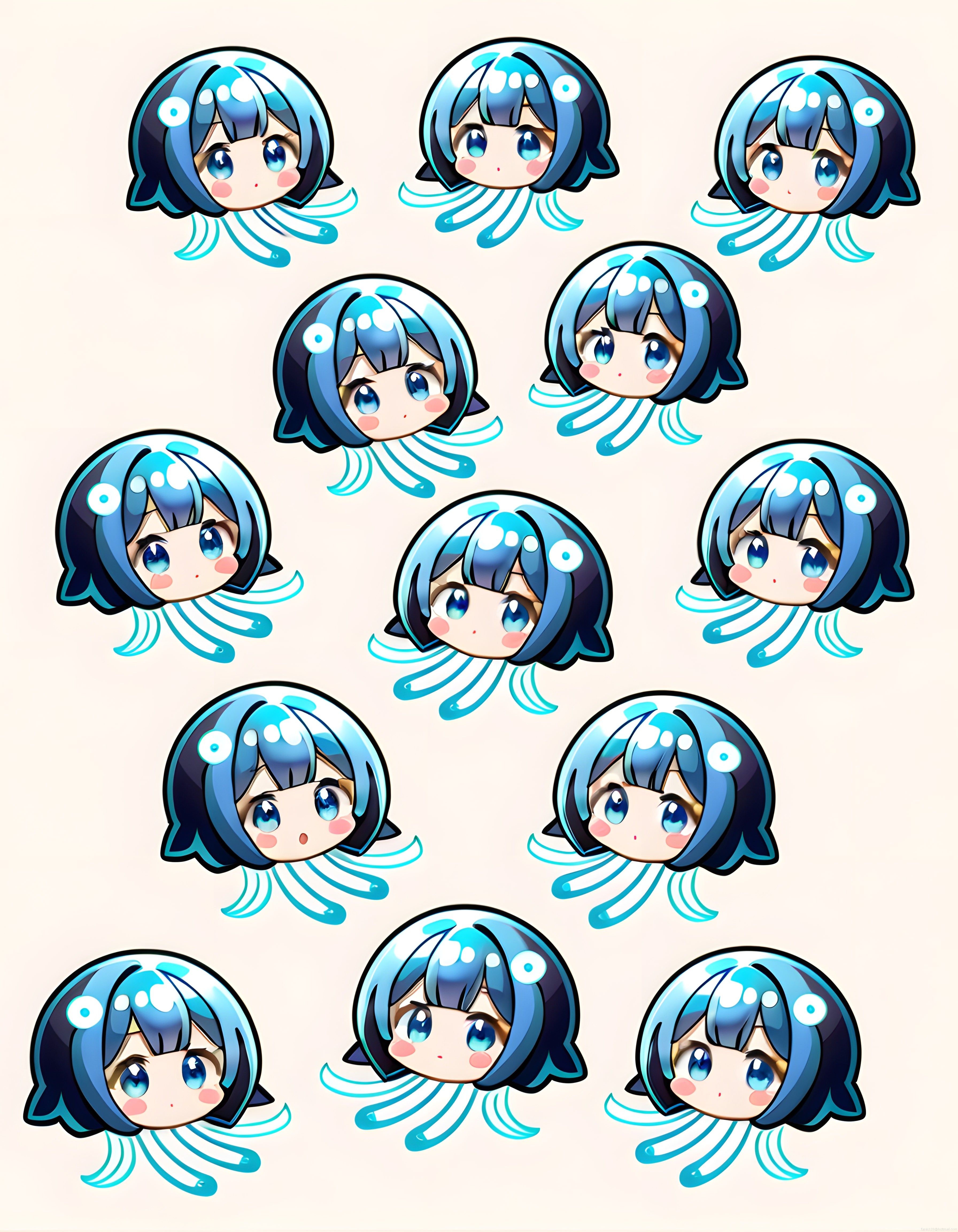 mavi saçlı deniz anası tentaküllü sevimli chibi kız karakteri anime deseni