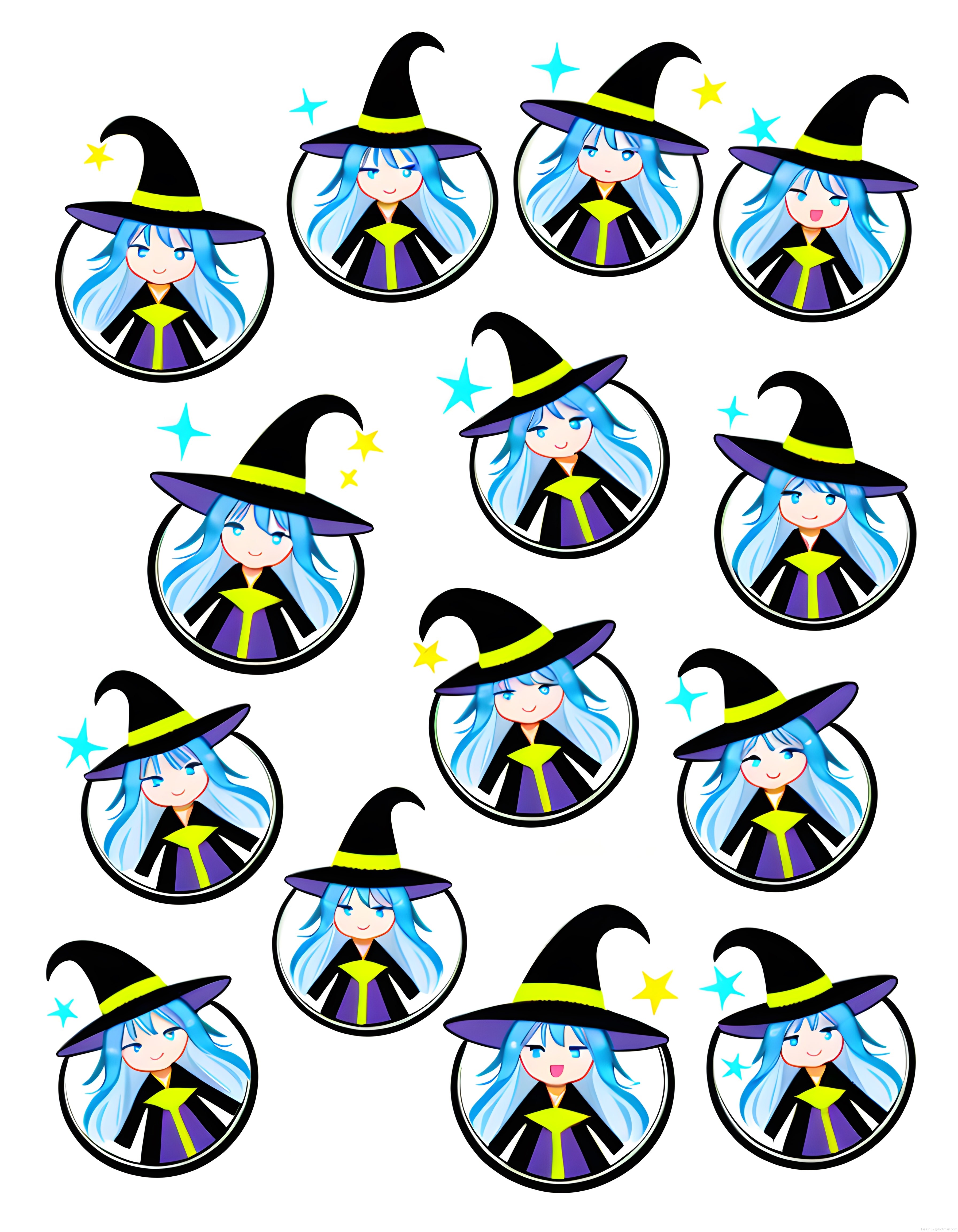 Mavi Saçlı Sevimli Anime Cadı Kızı Farklı Yüz İfadeleri Dijital Sticker Seti