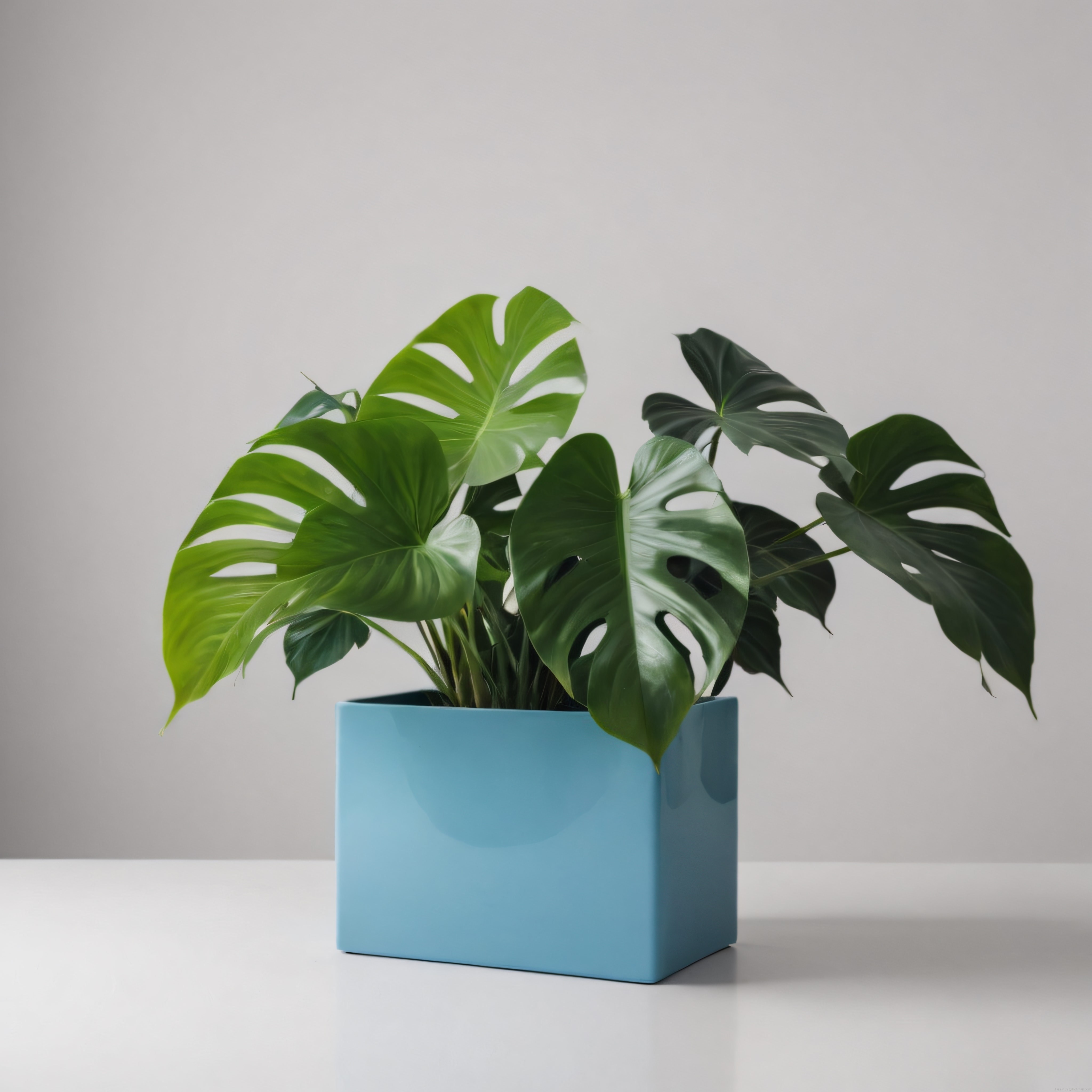 Mavi Saksıda Canlı Monstera Deliciosa Bitkisi ile Sade ve Modern Dekorasyon