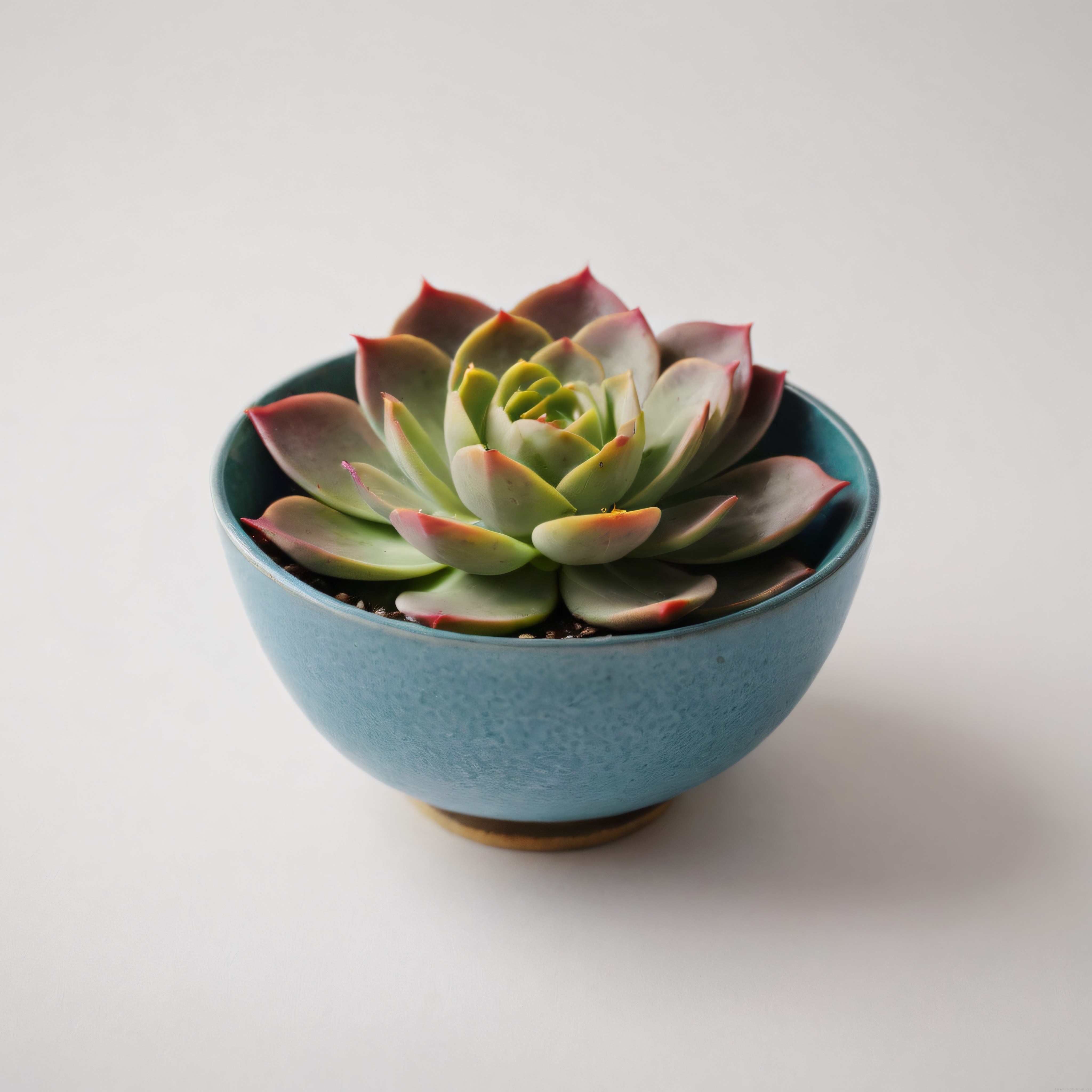 Mavi Seramik Saksıda Renkli Echeveria Sukulent Stüdyo Fotoğrafı