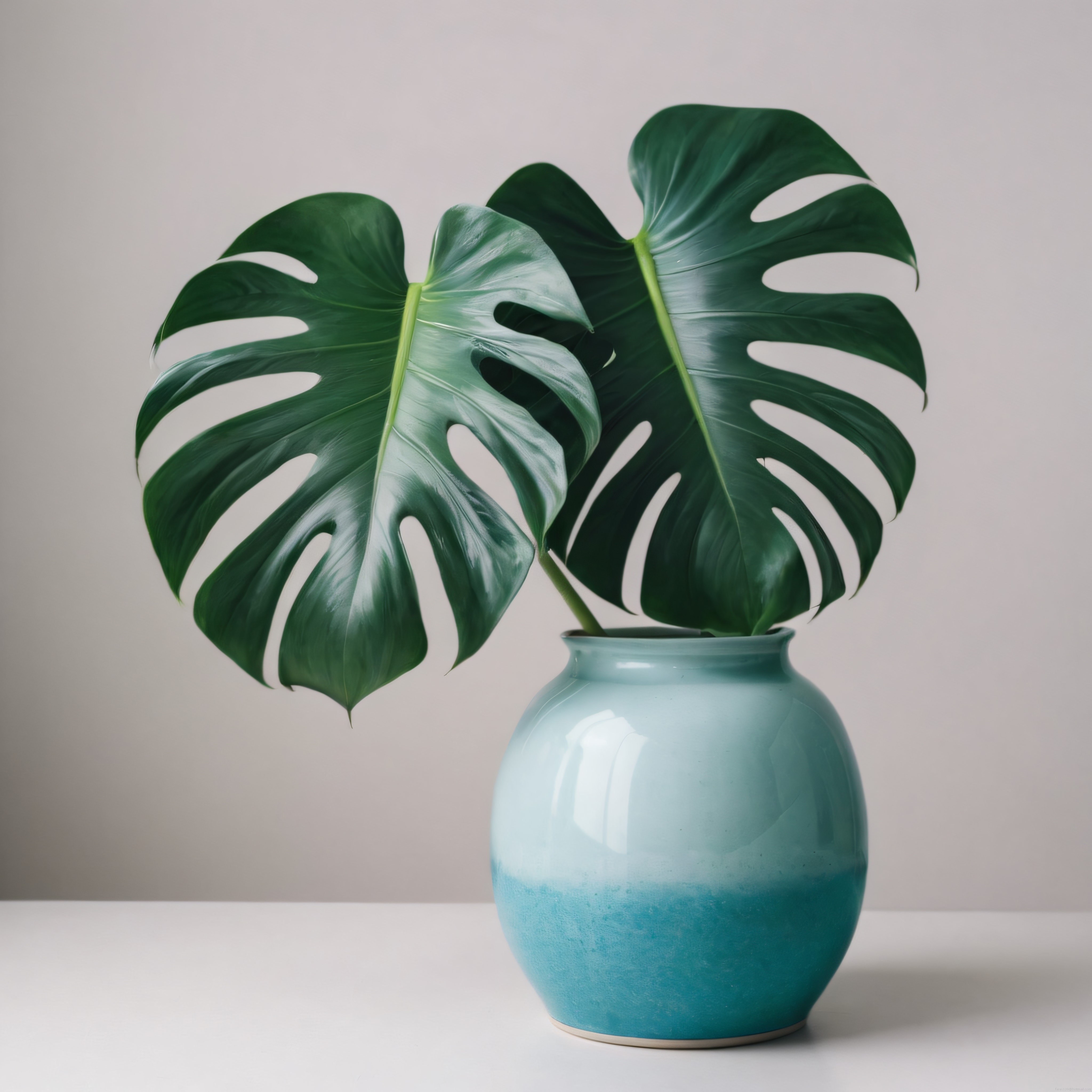Mavi Seramik Vazoda Canlı Yeşil Monstera Yaprakları ile Minimalist Dekorasyon
