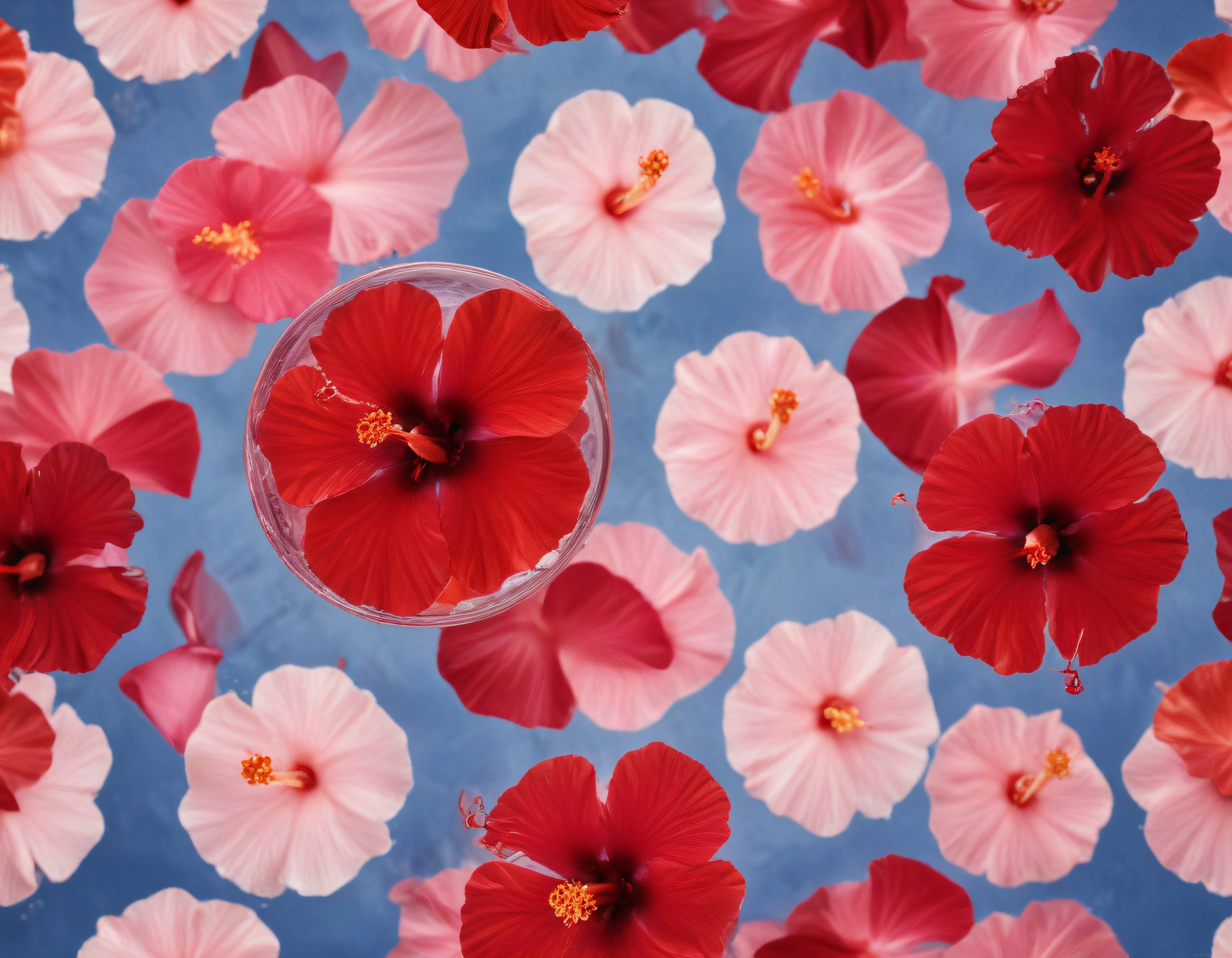 Mavi Suda Yüzen Kırmızı ve Pembe Hibiskus Çiçekleri: Doğal Bir Masal