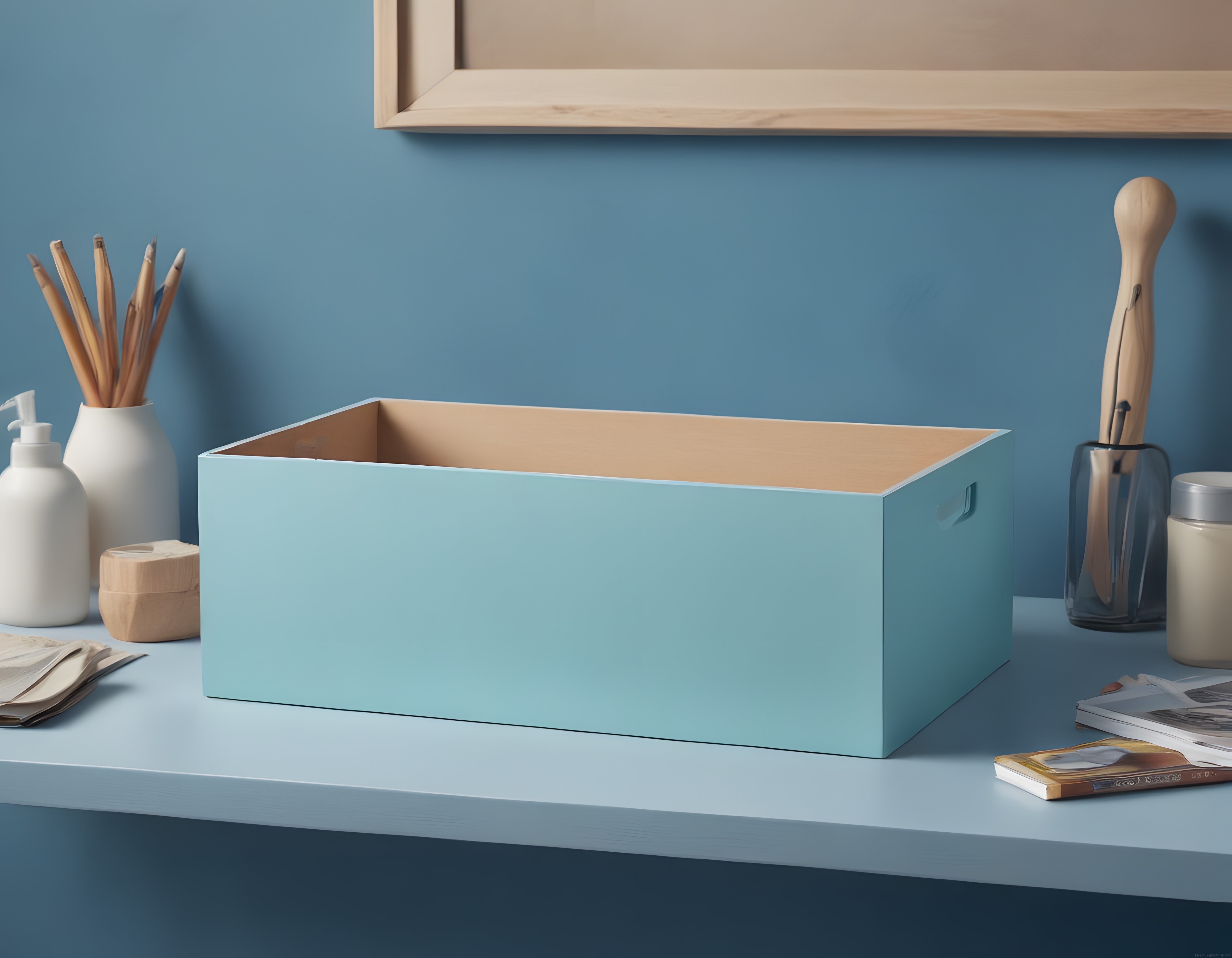 Mavi Tonlarda Minimalist Raf Düzeni ve Dekoratif Depolama Kutusu