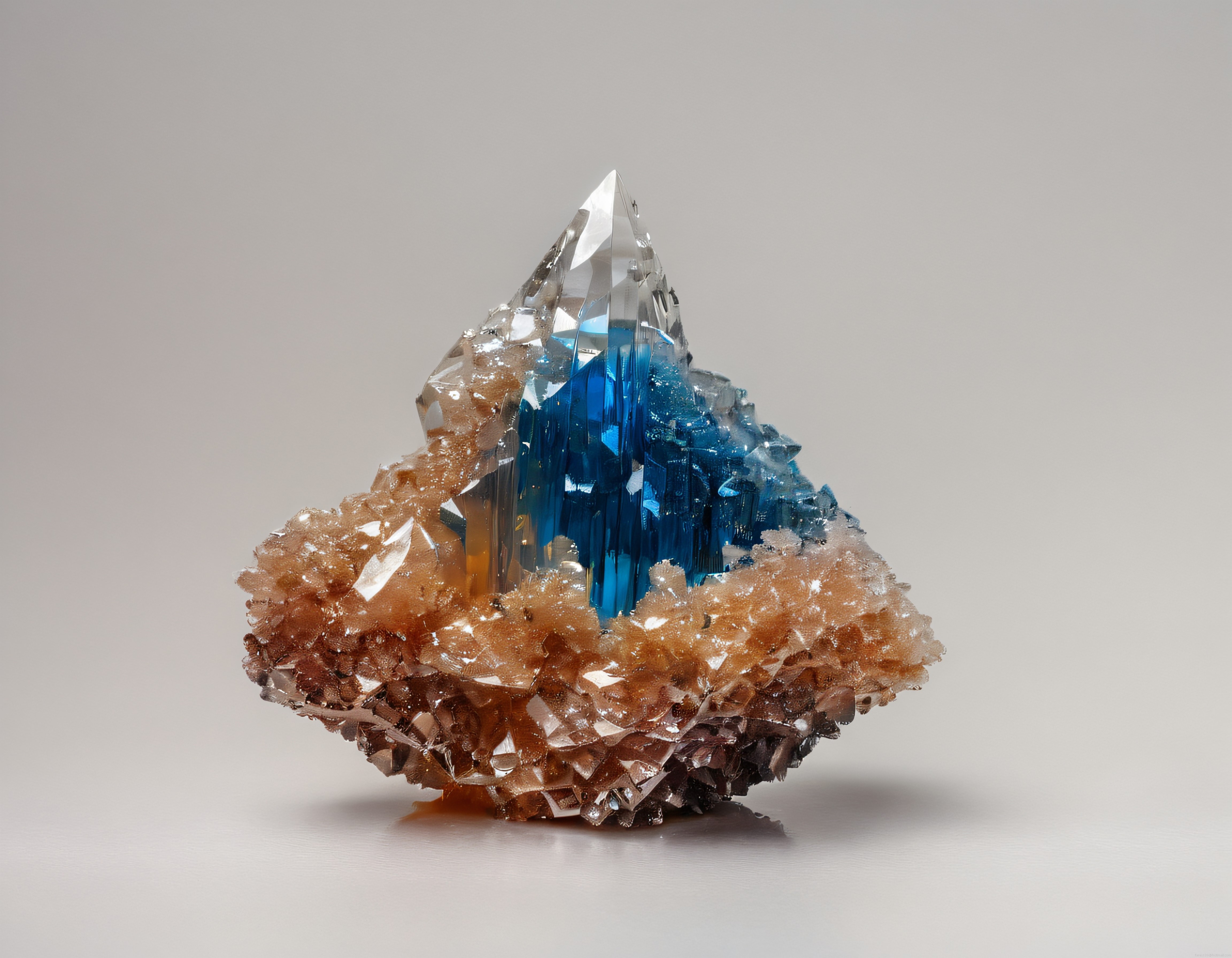 Mavi ve Amber Tonlarında Parıldayan Nadir Kristal Mineral Örneği