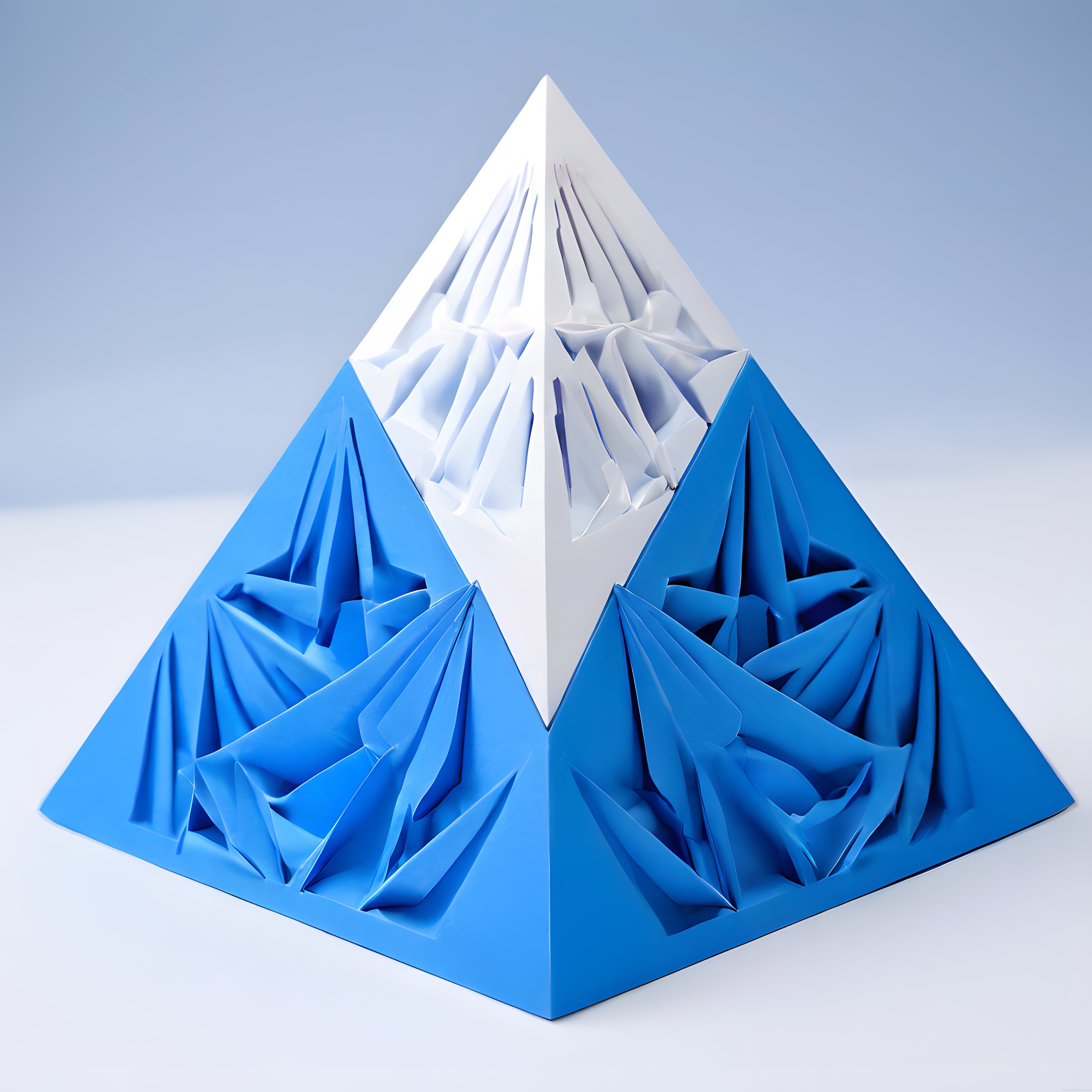 Mavi ve beyaz piramit formunda katlanmış kağıttan origami sanat eseri