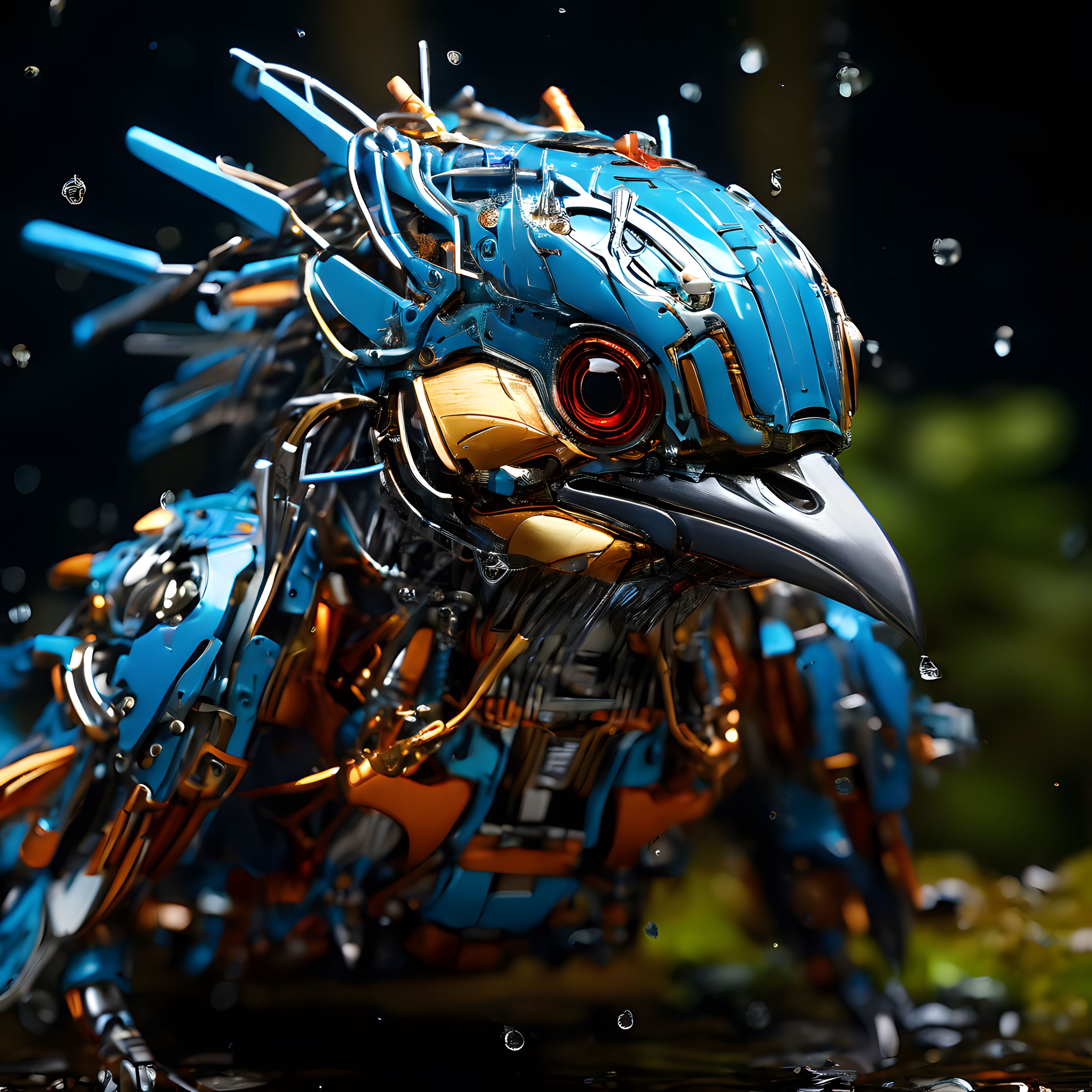 Mavi ve Turuncu Mekanik Kuş: Geleceğin Robotik Kartalı Yüksek Detaylı Render