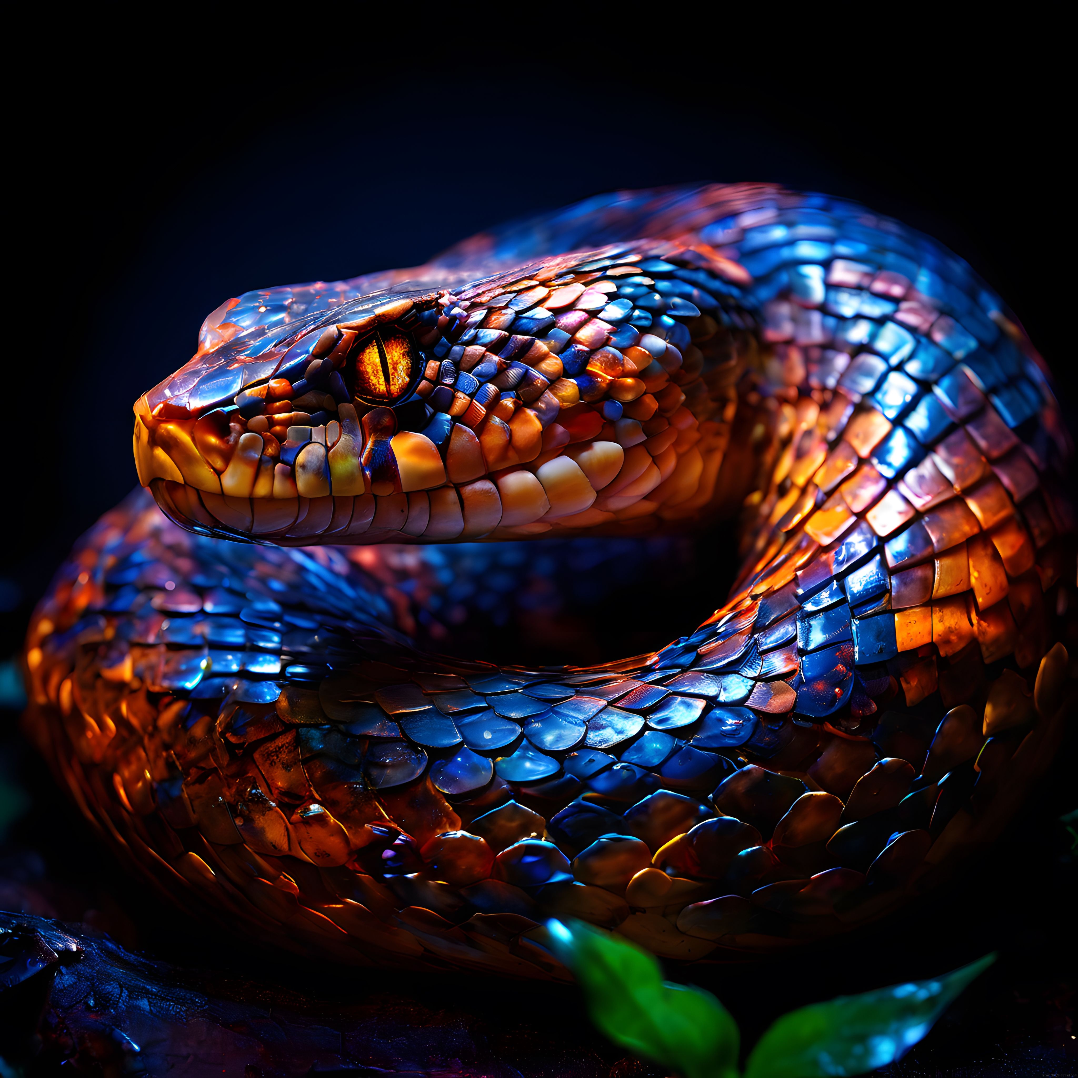 Mavi ve Turuncu Neon Işıklarla Süslenmiş Egzotik Yılan Makro Fotoğrafçılık