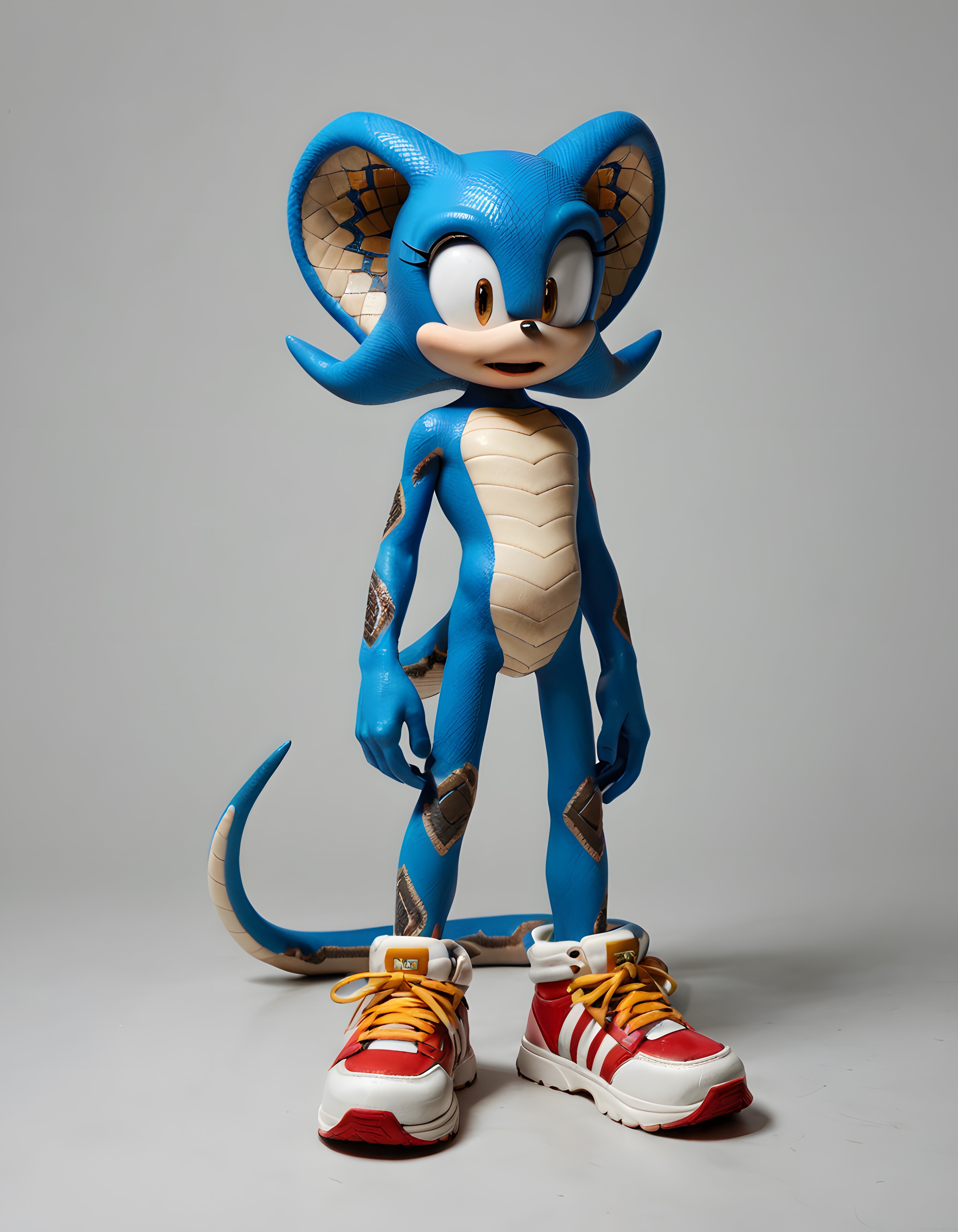 Mavi yılan dokulu Sonic tarzı hibrid 3D karakter tasarımı ve render çalışması