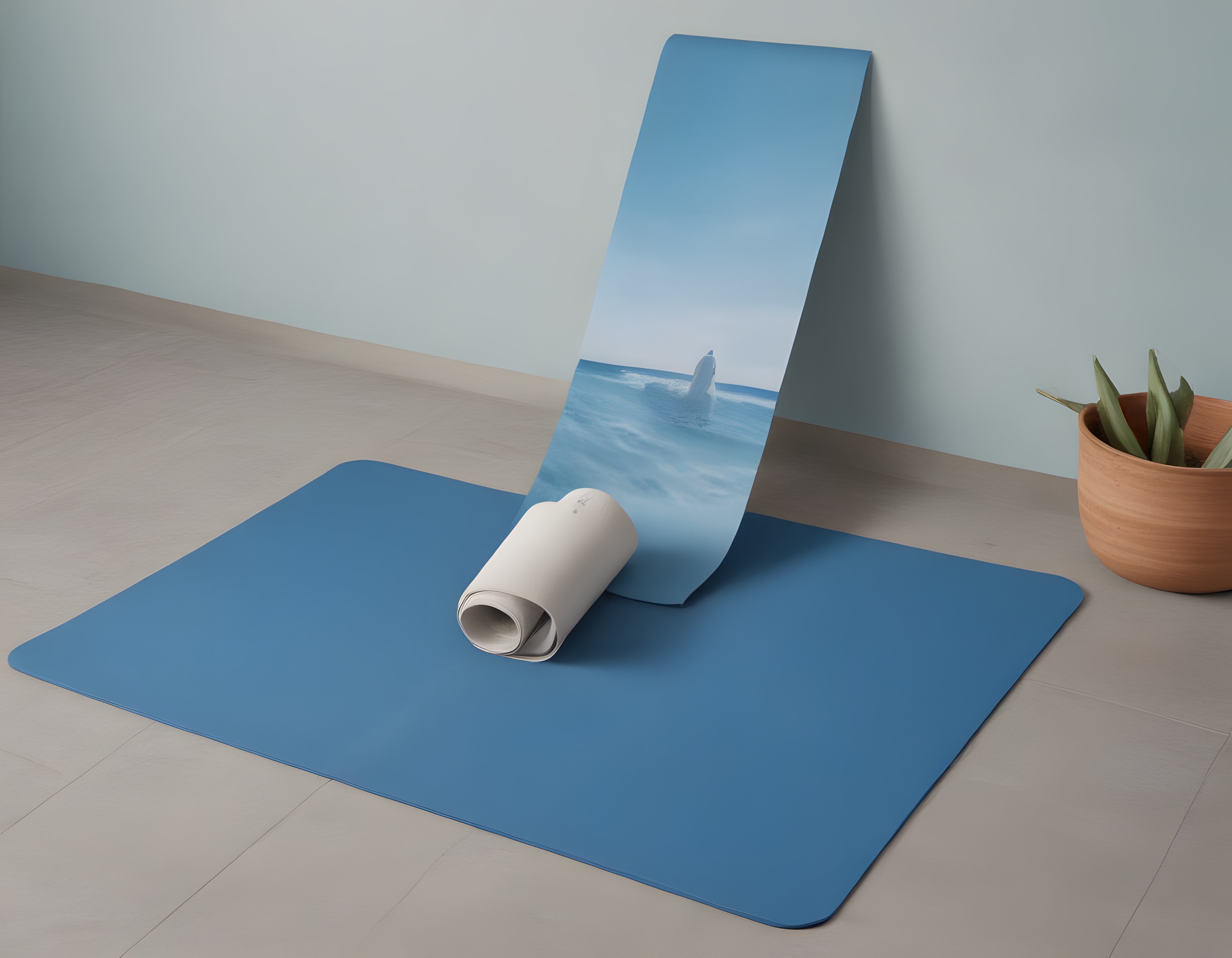 Mavi Yoga Matı ve Deniz Manzaralı Poster ile Huzurlu Ev Ortamı