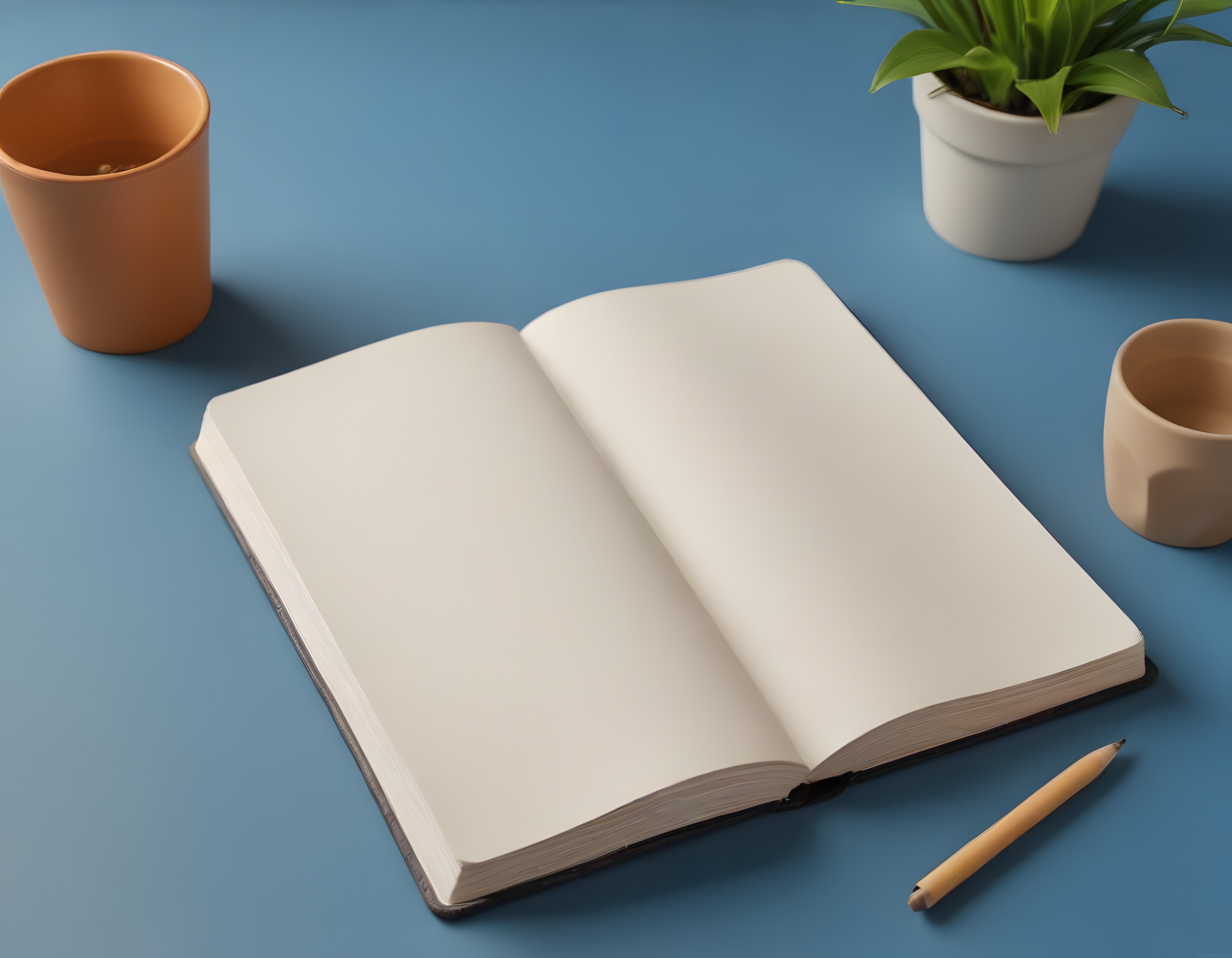 Mavi Zeminde Açık Defter ile Sıcak Tonlu Minimalist Çalışma Alanı Düzeni