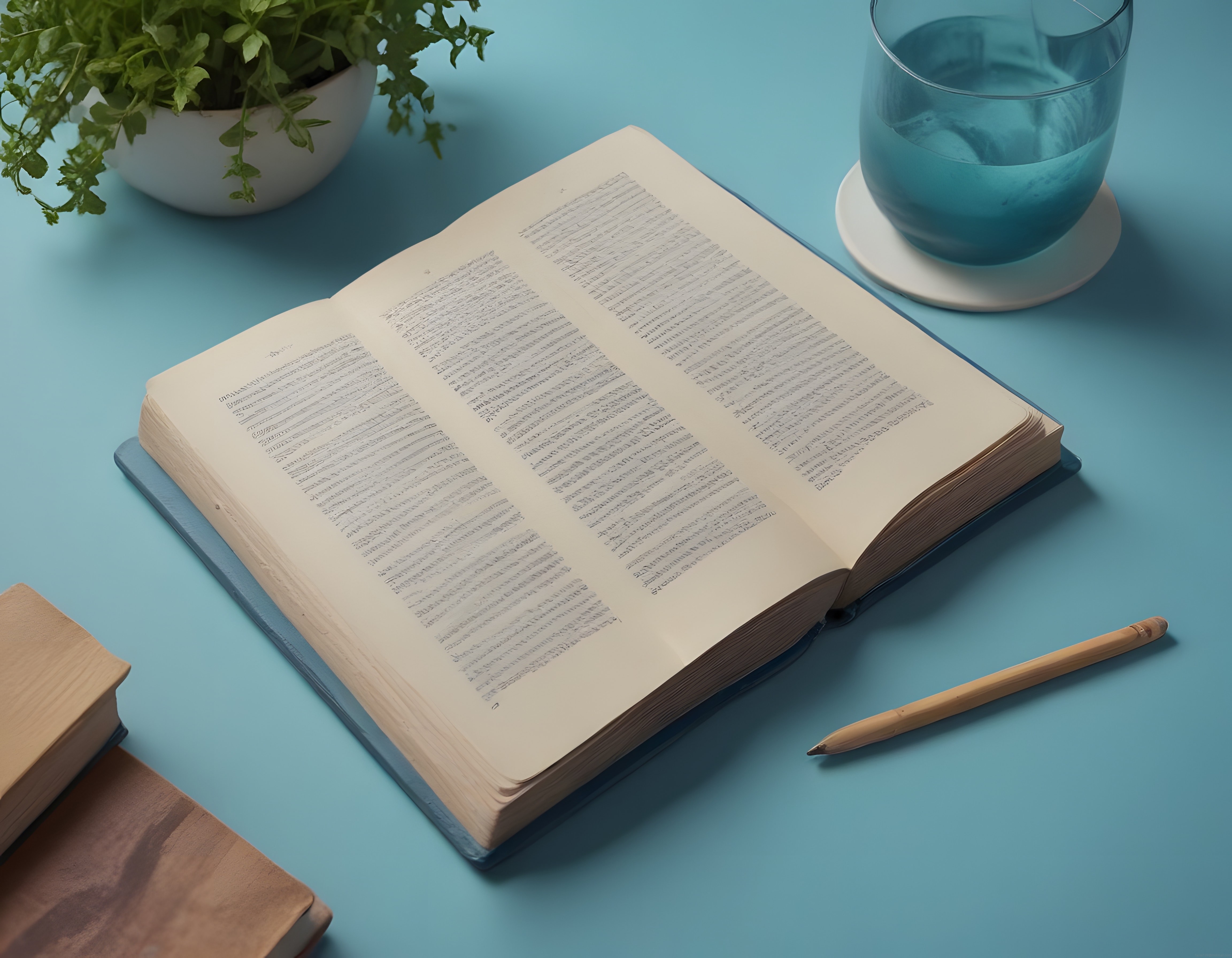 Mavi Zeminde Açık Kitap ve Ahşap Kalemle Huzurlu Okuma Atmosferi