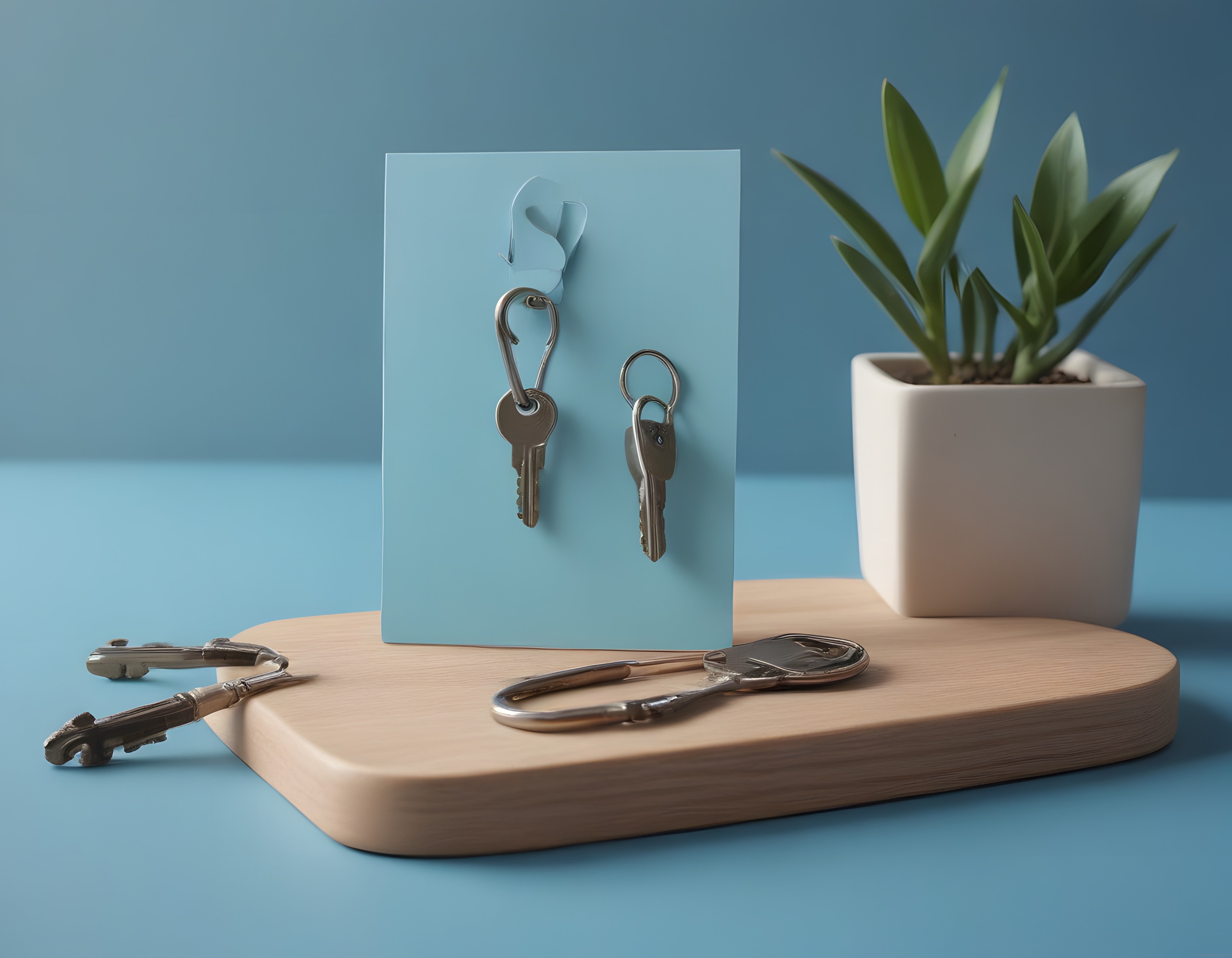 mavi zeminde ahşap standlı minimalist anahtar askısı ve saksı bitkisi düzeni