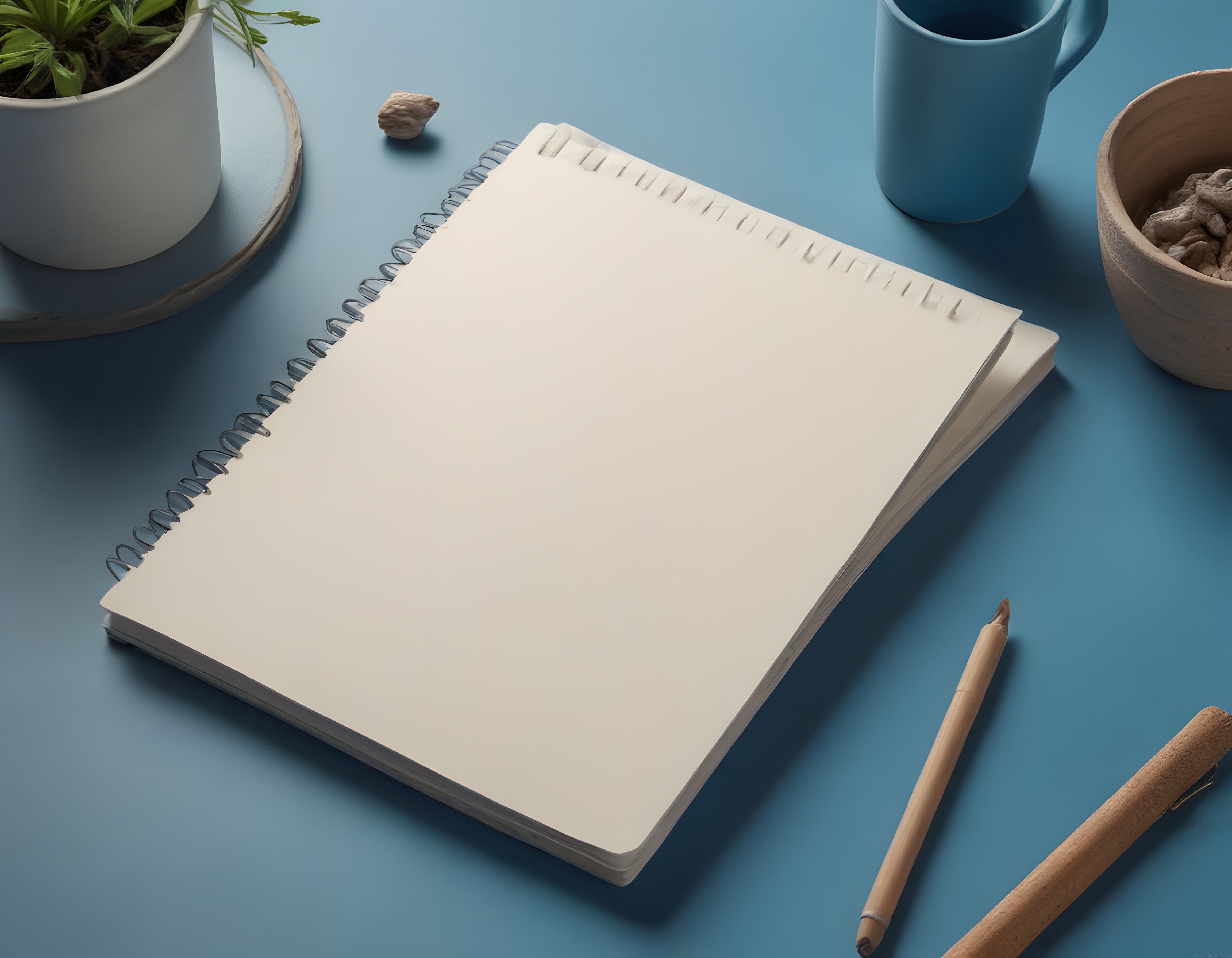 Mavi zeminde boş spiral defter ve ahşap kalemlerle minimal çalışma düzeni