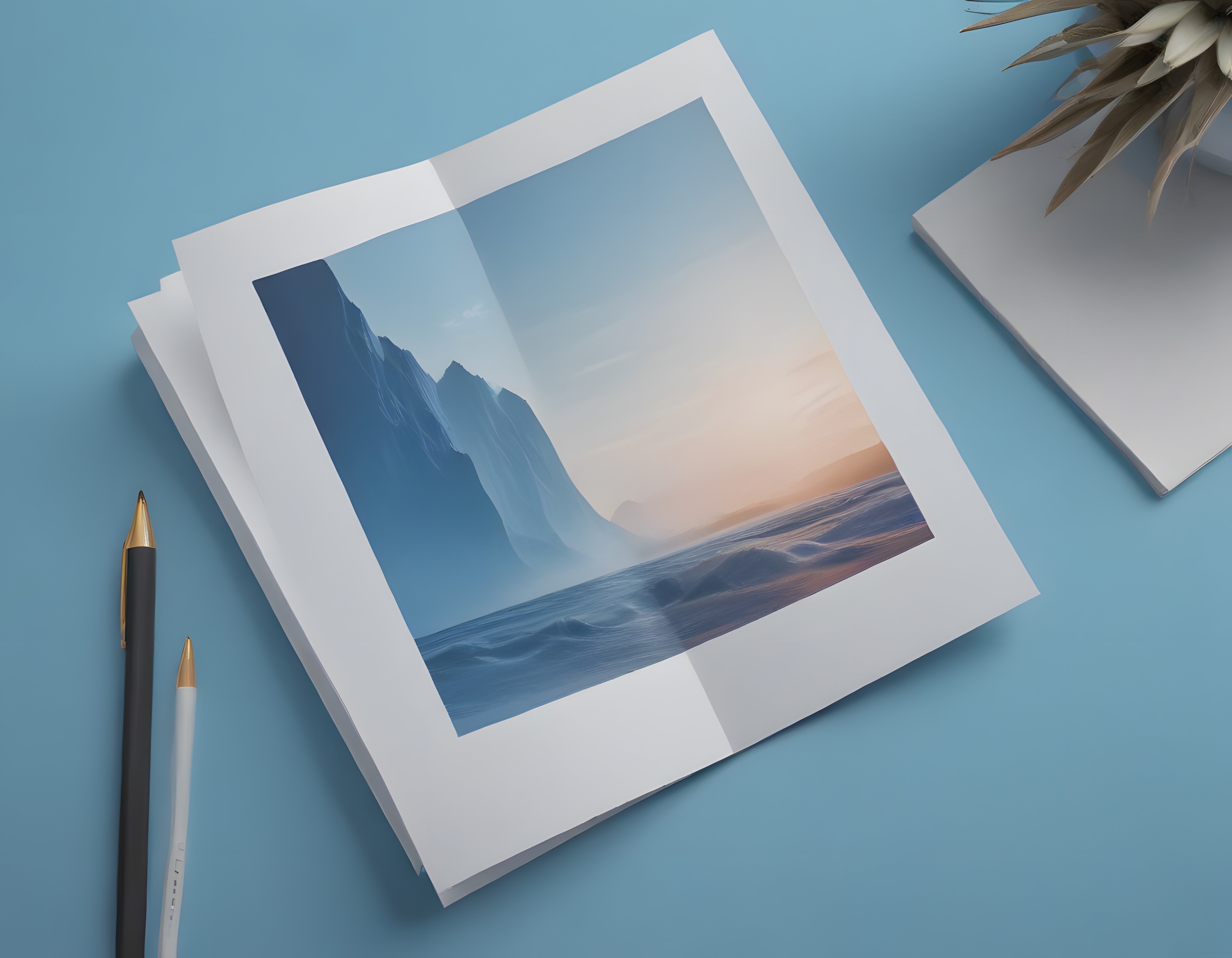Mavi Zeminde Dağ Manzaralı Fotoğraf Baskısı ve Minimal Masa Düzeni