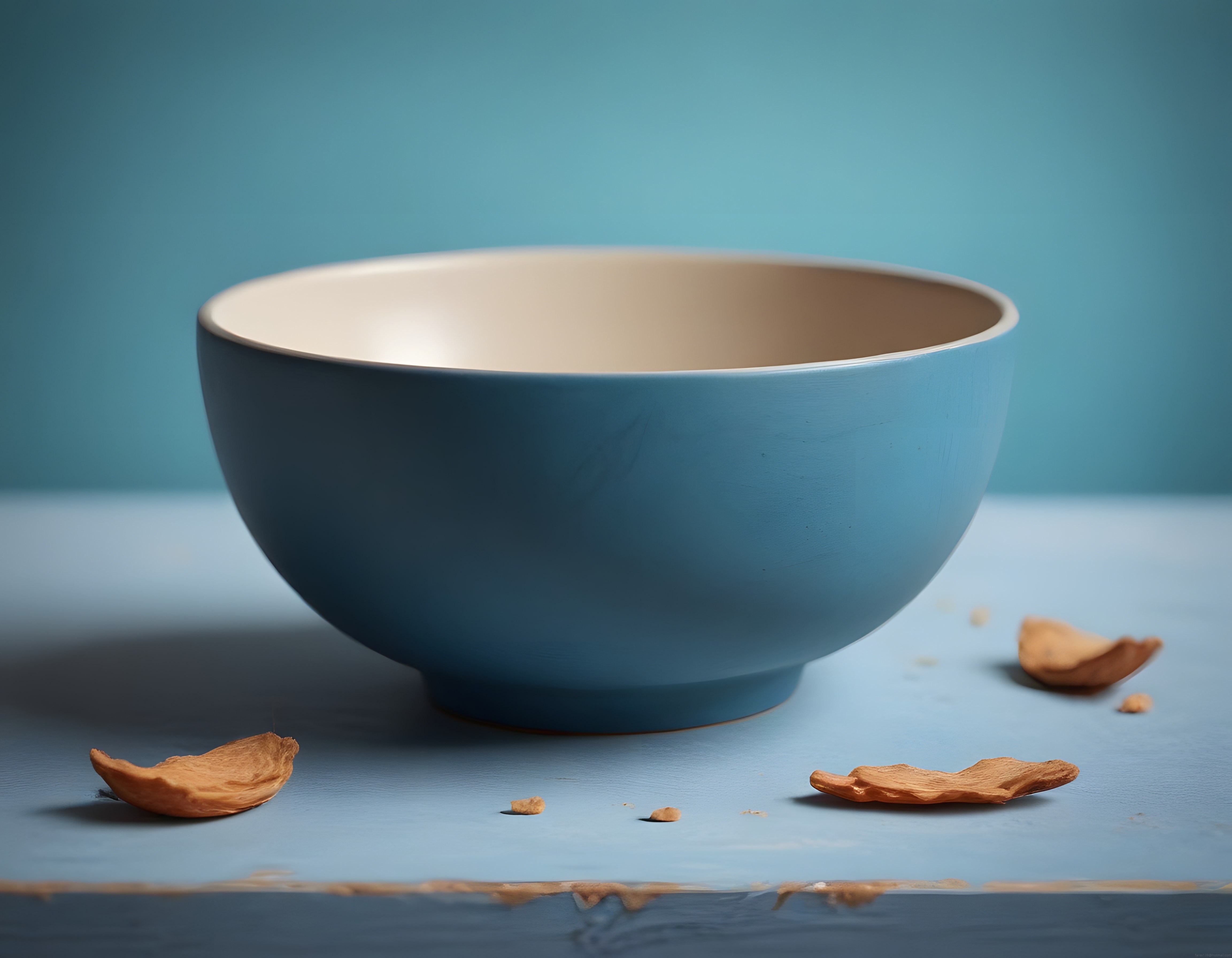 Mavi Zeminde Minimalist Seramik Kase ve Dağılmış Kuru Yemiş Parçaları